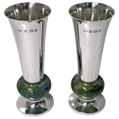 Pair of A E Jones Sterling Silver and Marble Vases, Birmingham, 1972