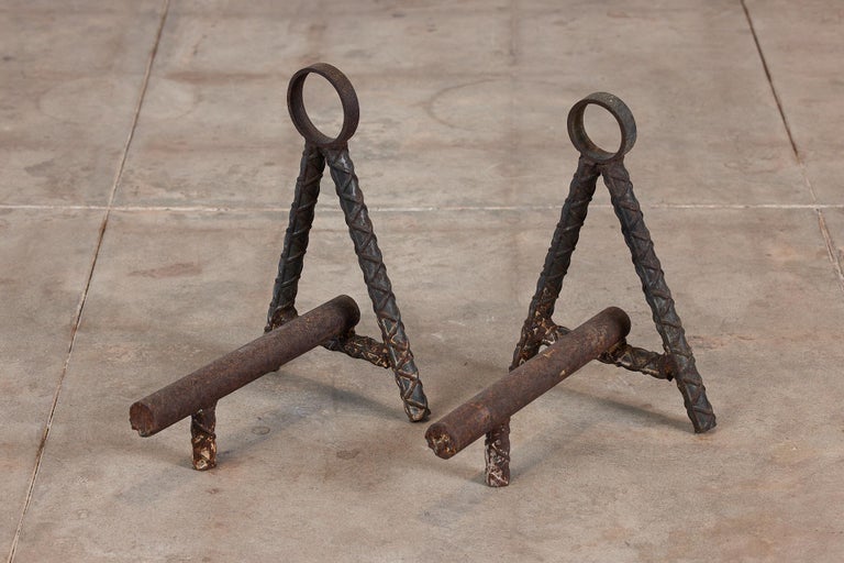 Pair of AFrame Cast Iron Rebar Andirons For Sale at 1stDibs
