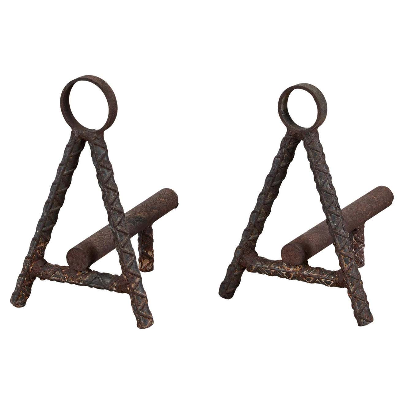 Pair of A-Frame Cast Iron Rebar Andirons For Sale at 1stDibs