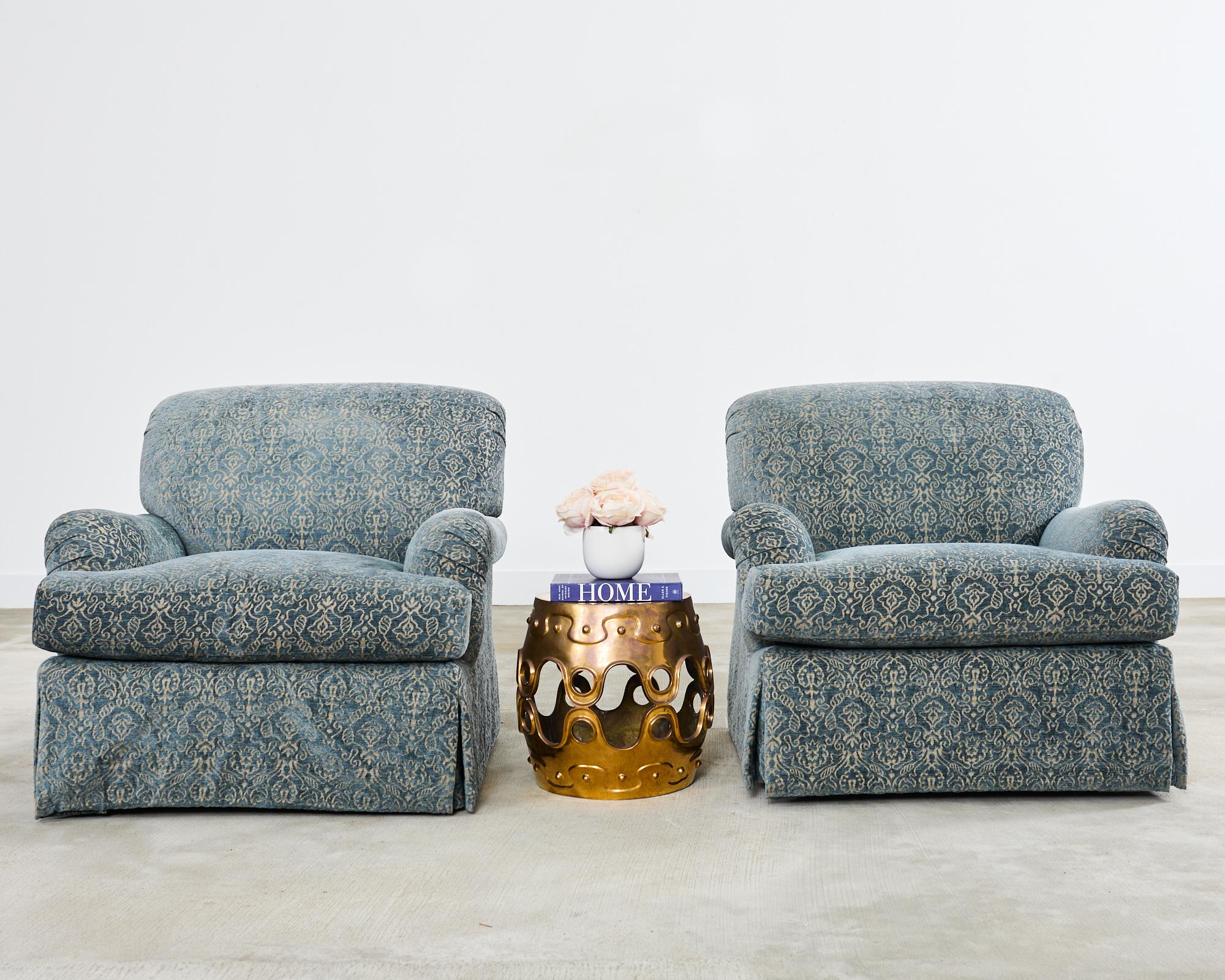 Grand pair of large upholstered swivel lounge chairs or occasional chairs attributed to A. Rudin model #417. The chairs feature a recent redux in a shimmery cut velvet style fabric by Belmar fine custom upholstery in San Francisco CA. The bespoke