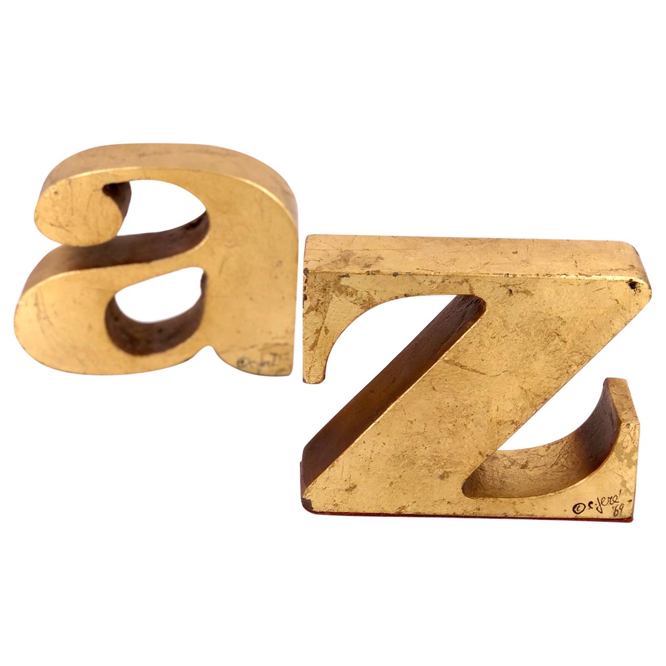 Pair of "A to Z" Bookends by Curtis Jere Signed & Dated 1969 in Gold Leaf Finish