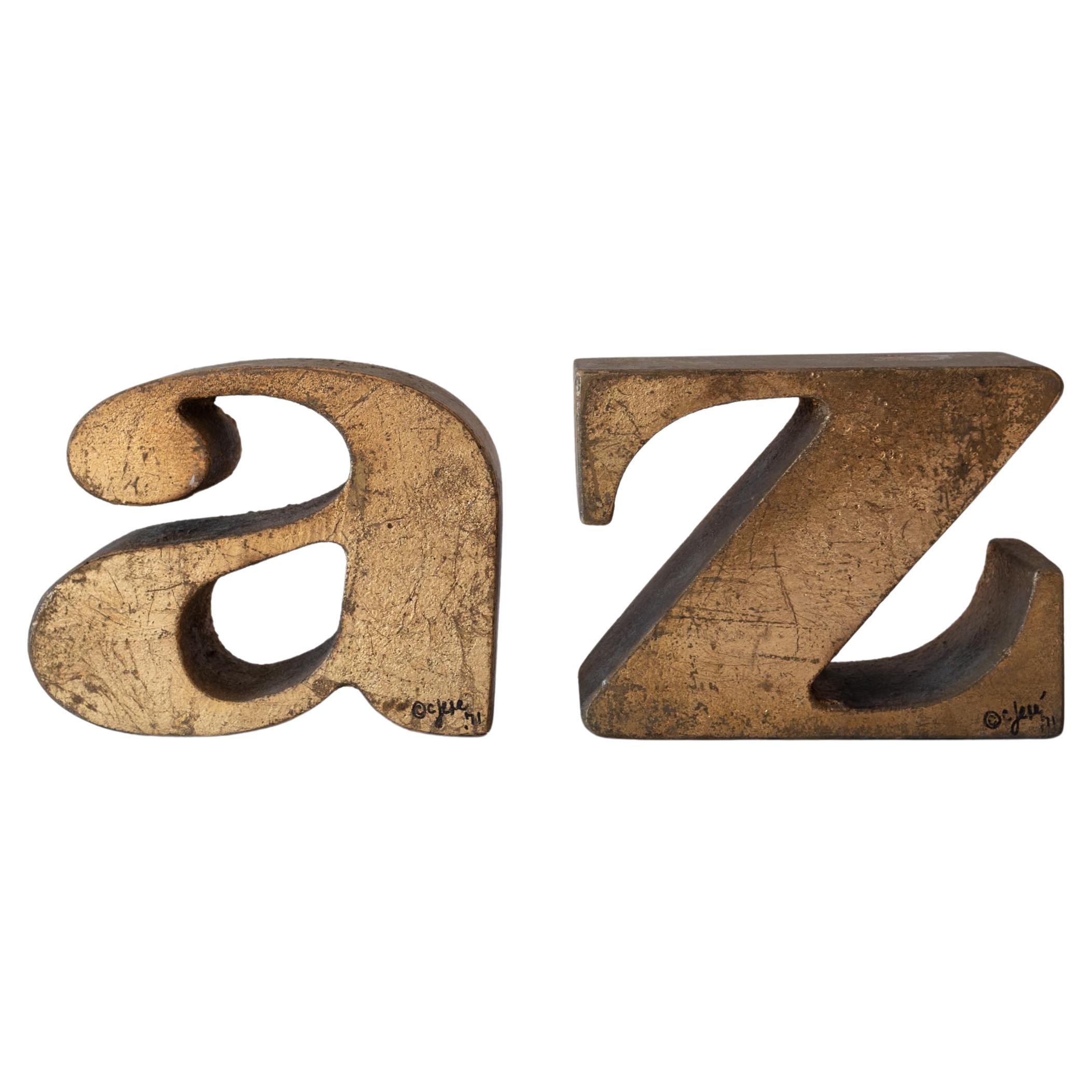 Pair of "A to Z" Bookends by Curtis Jere Signed & Dated 1971 in Gold Leaf Finish