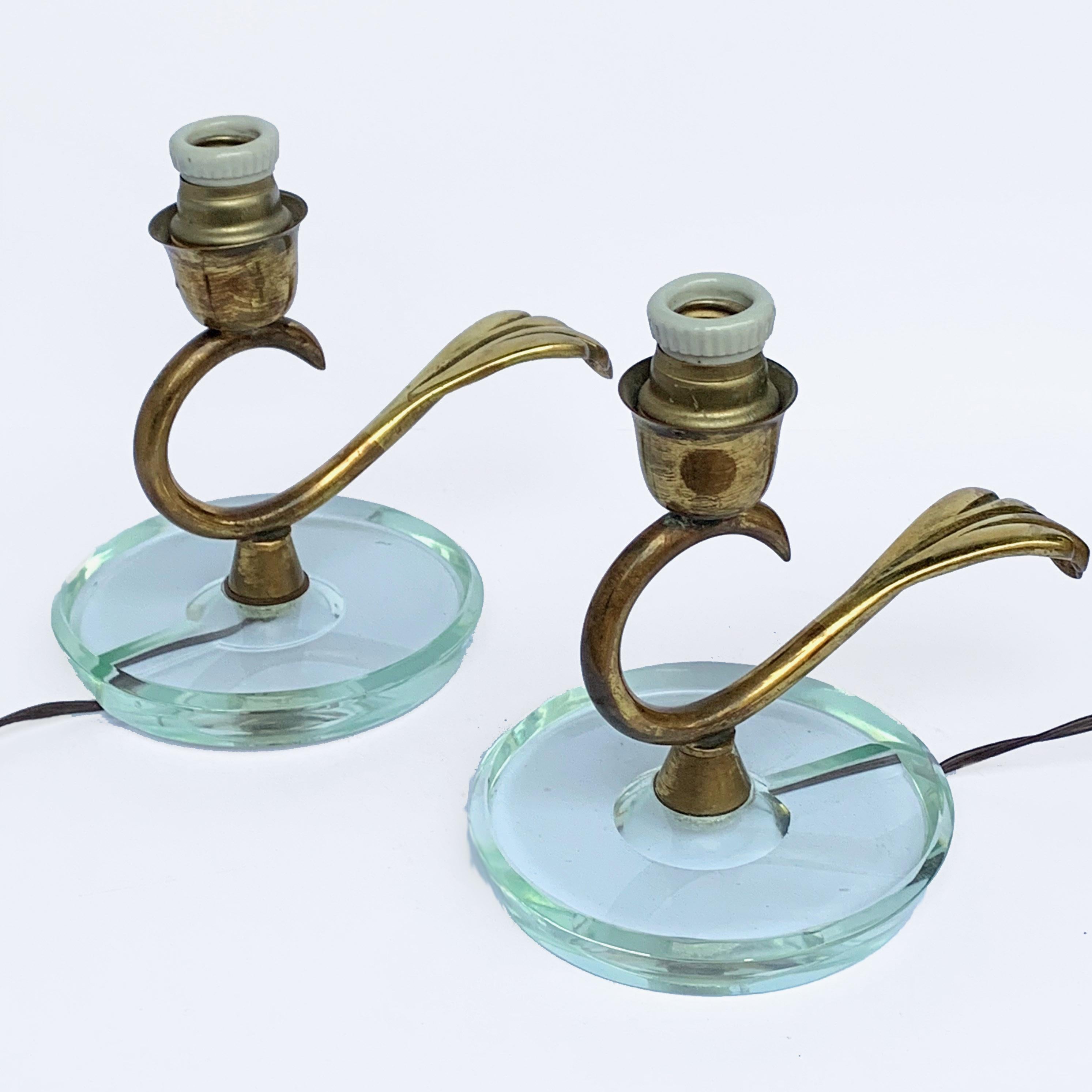 Brass Pair of Abat Jour Attributable to Fontana Arte Pietro Chiesa, Italy Bedside Lamp