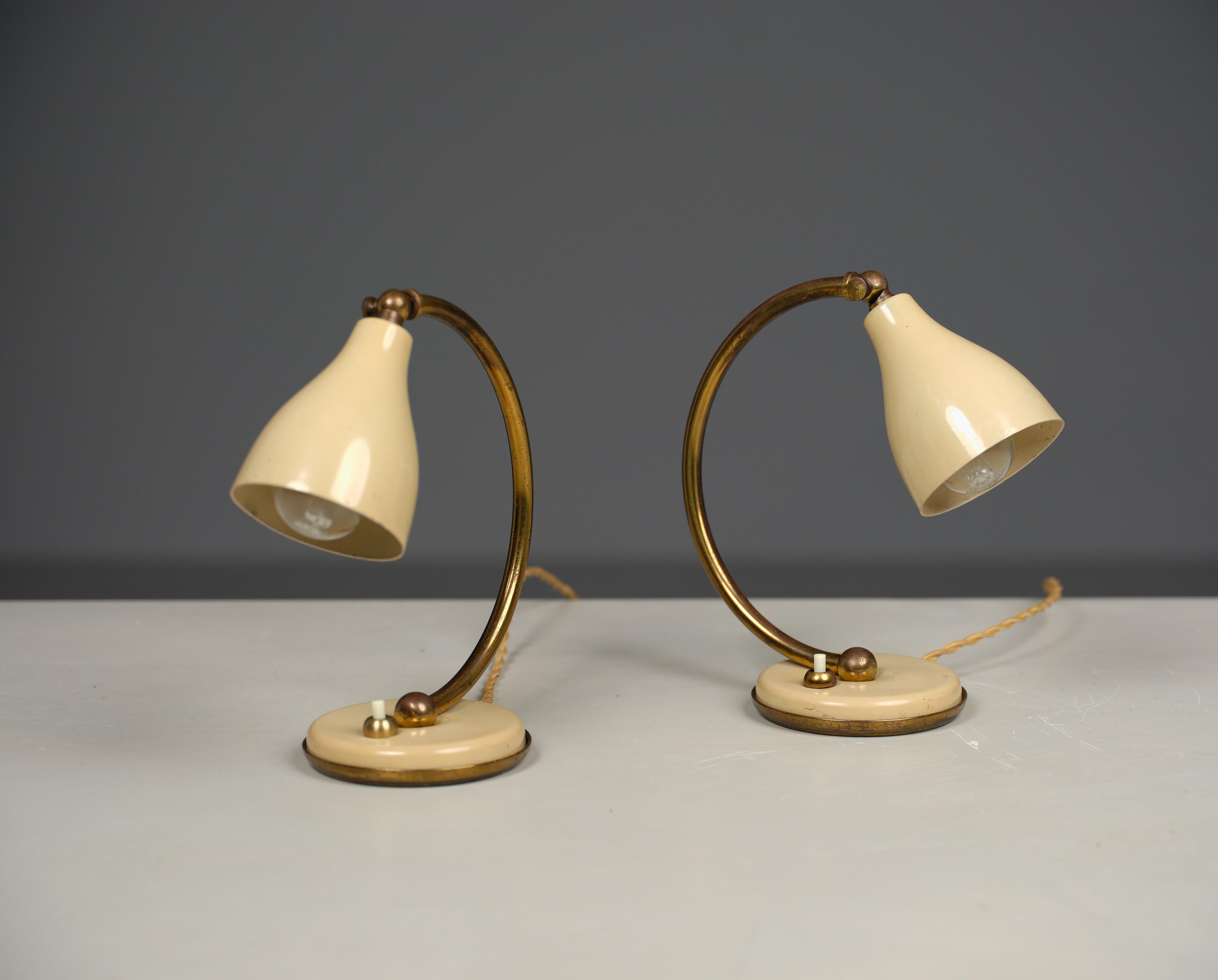 Mid-Century Modern Pair of Abat Jours, Italian Design, Beige Metal, Brass, Table Lamps, Italy