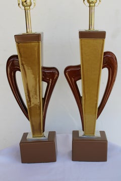 Pair of Abstract Ceramic and Wood Lamps