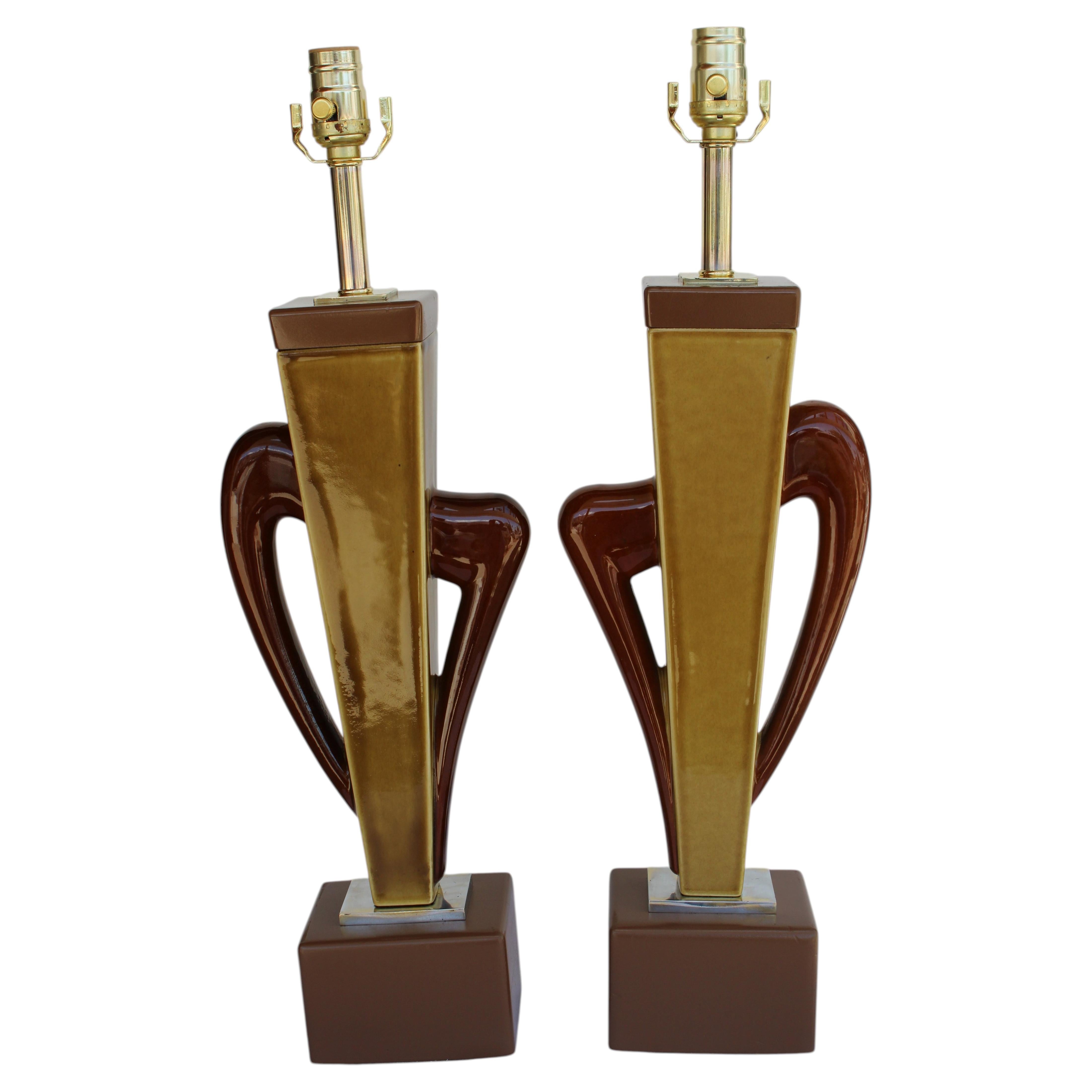 Pair of Abstract Ceramic and Wood Lamps For Sale