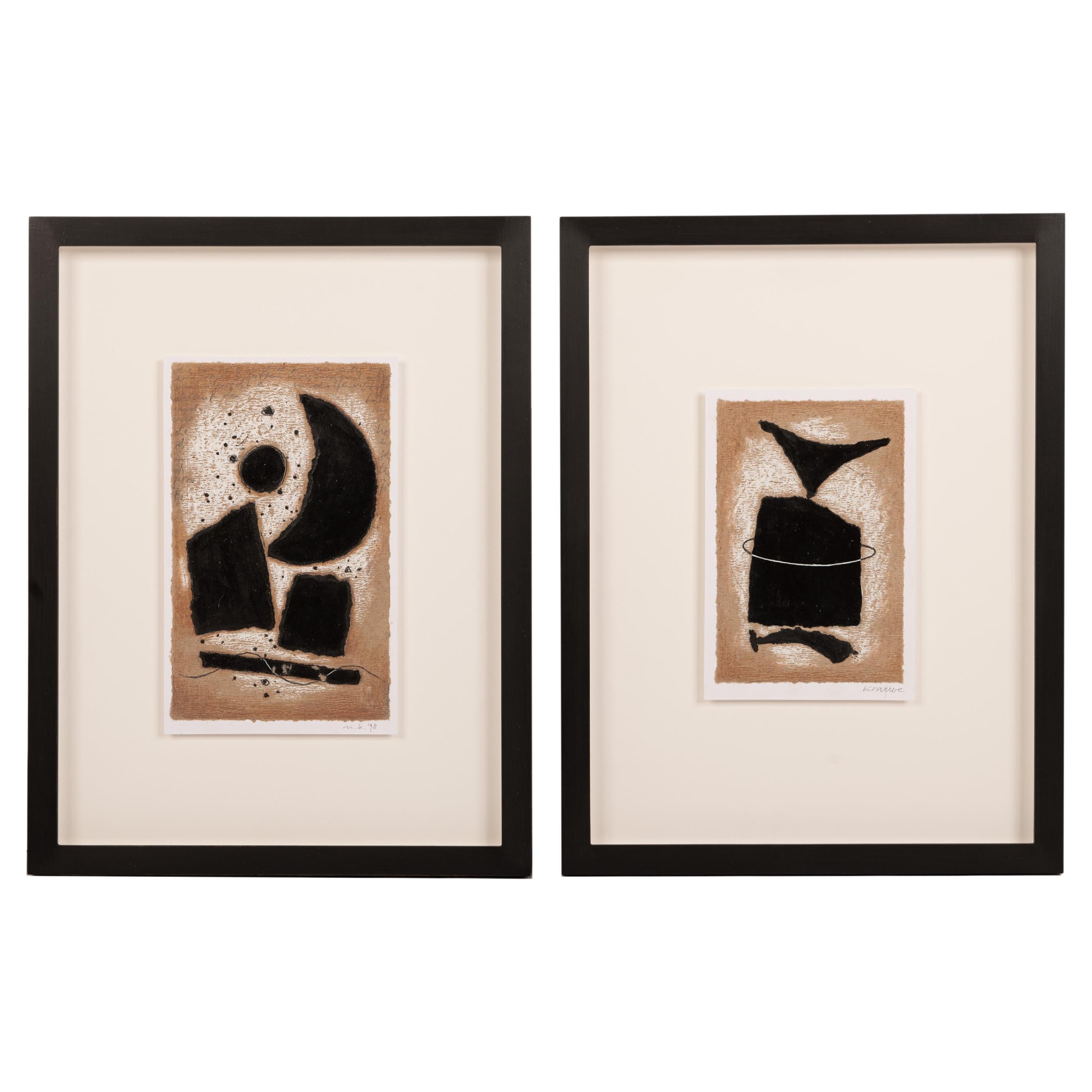 Pair of Abstract Collages Brown-Black Monogrammed and Dated Norbert Krabbe, 1997