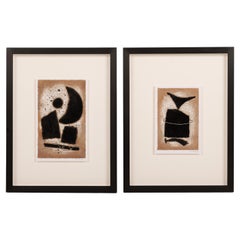 Vintage Pair of Abstract Collages Brown-Black Monogrammed and Dated Norbert Krabbe, 1997