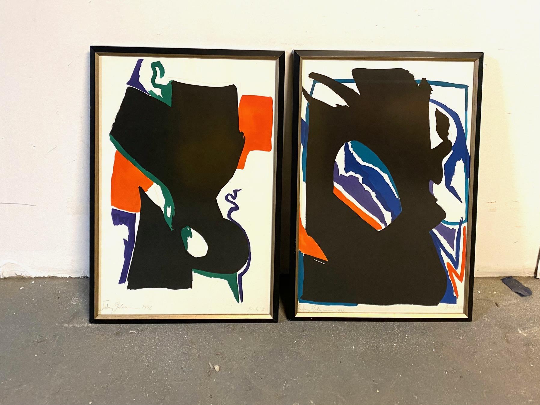 Coppia di gouache astratte e matita di Sidney Guberman. Firmato: 