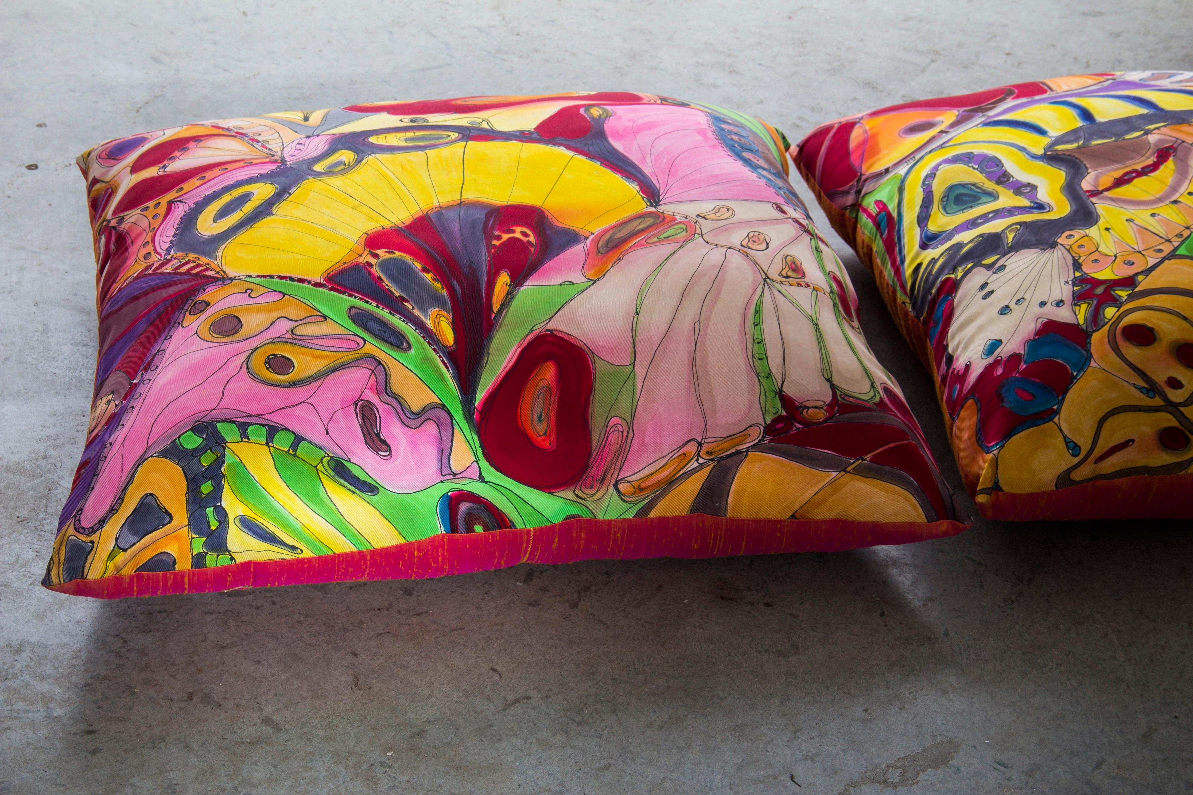 Pair of Abstract Hand Painted Silk Floor Pillows In New Condition In Boynton Beach, FL