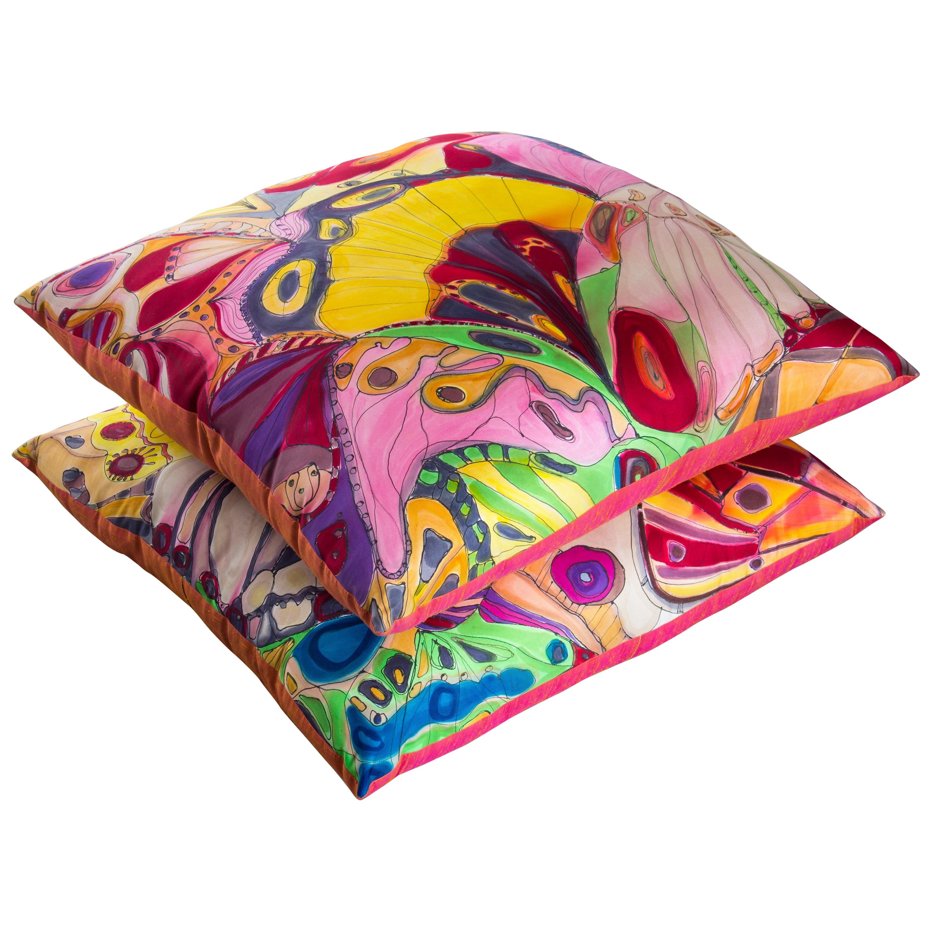 Pair of Abstract Hand Painted Silk Floor Pillows