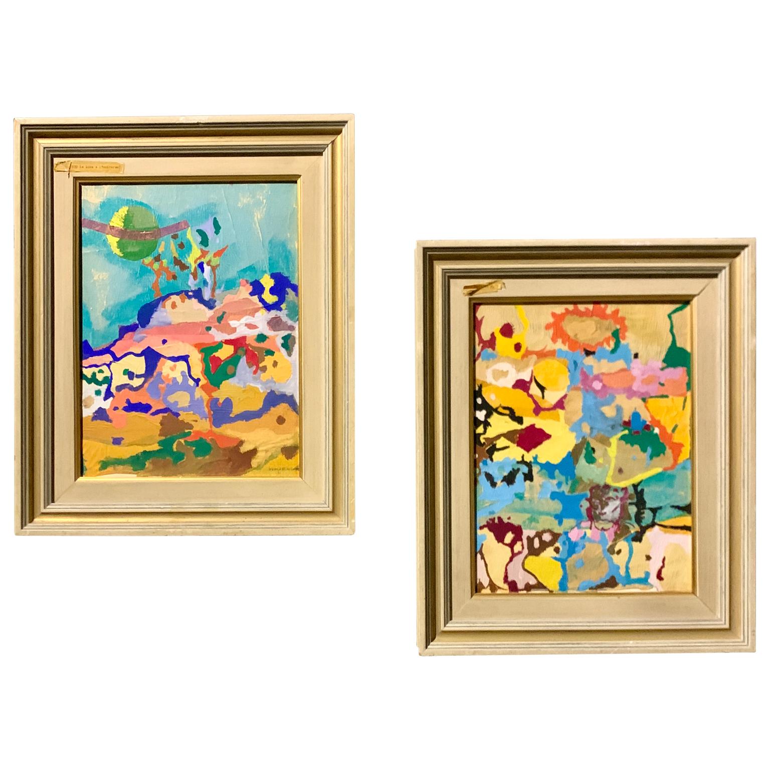 Un par de cuadros de arte abstracto de mediados de siglo, de técnica mixta, procedentes de Italia. Este par de témperas y papel sobre lienzo ha sido pintado por el artista italiano 
