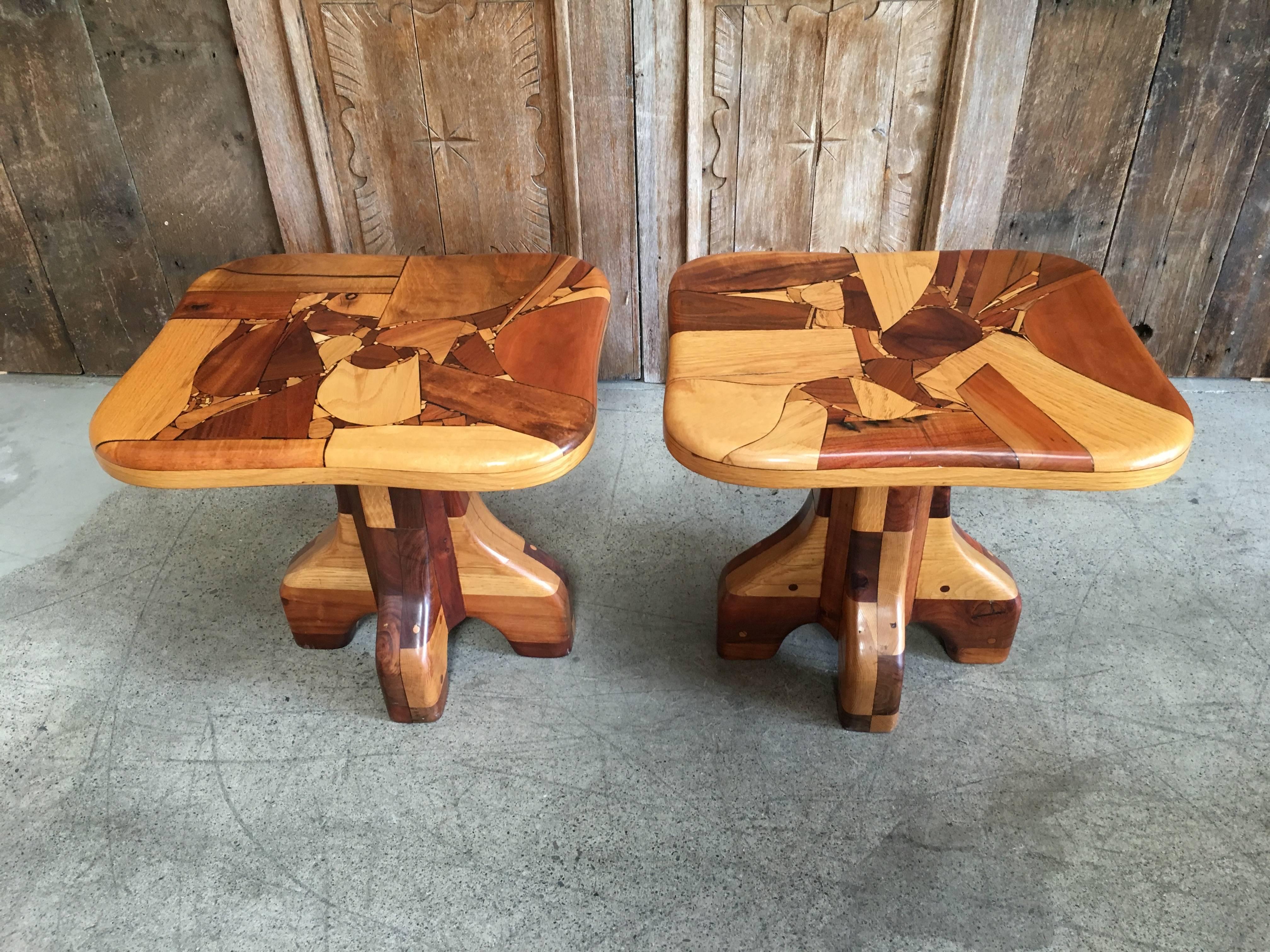 Solid wood marquetry end tables in the abstract style with a combination of woods.