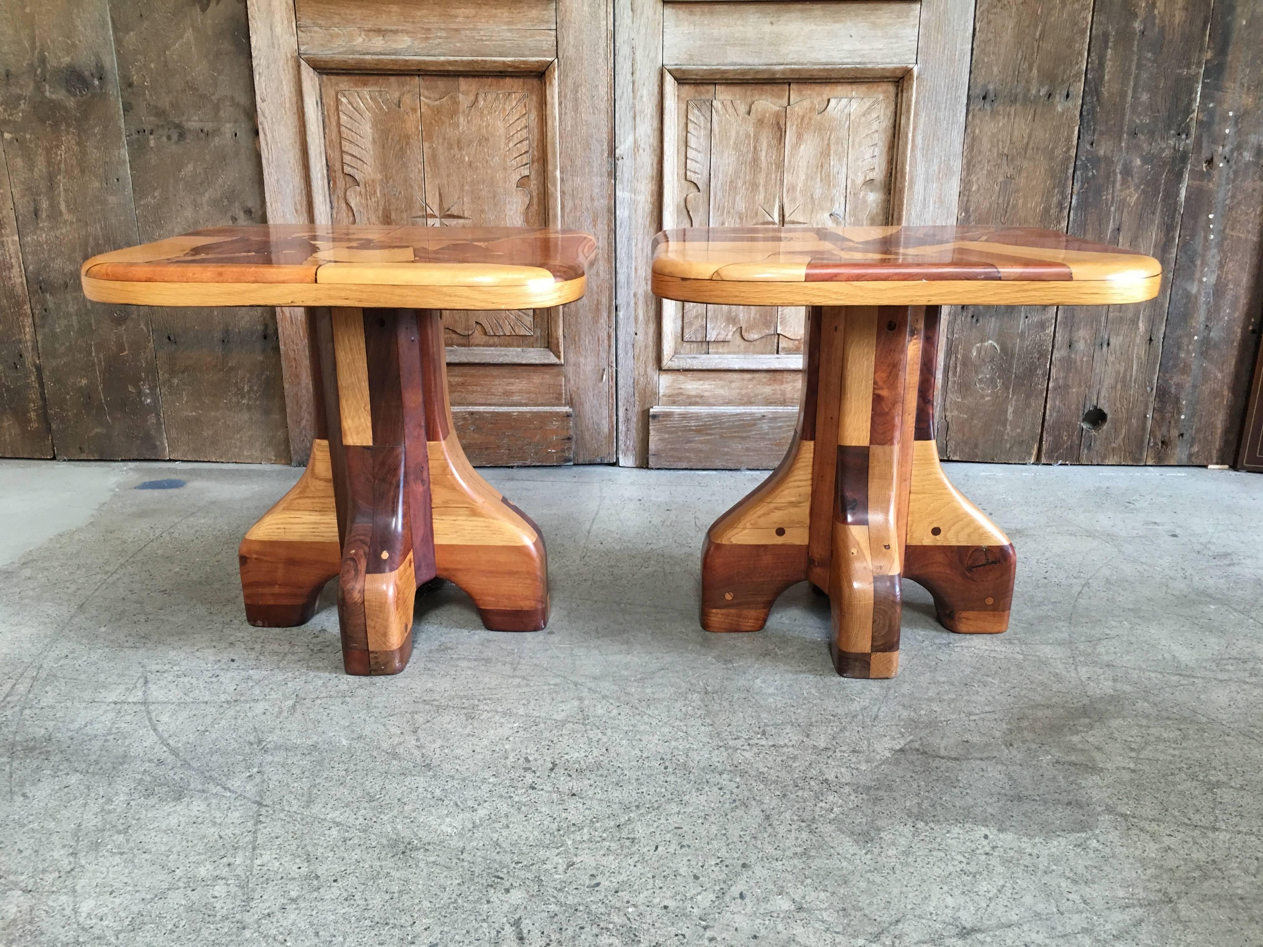 Mid-Century Modern Pair of Abstract Marquetry Side Tables