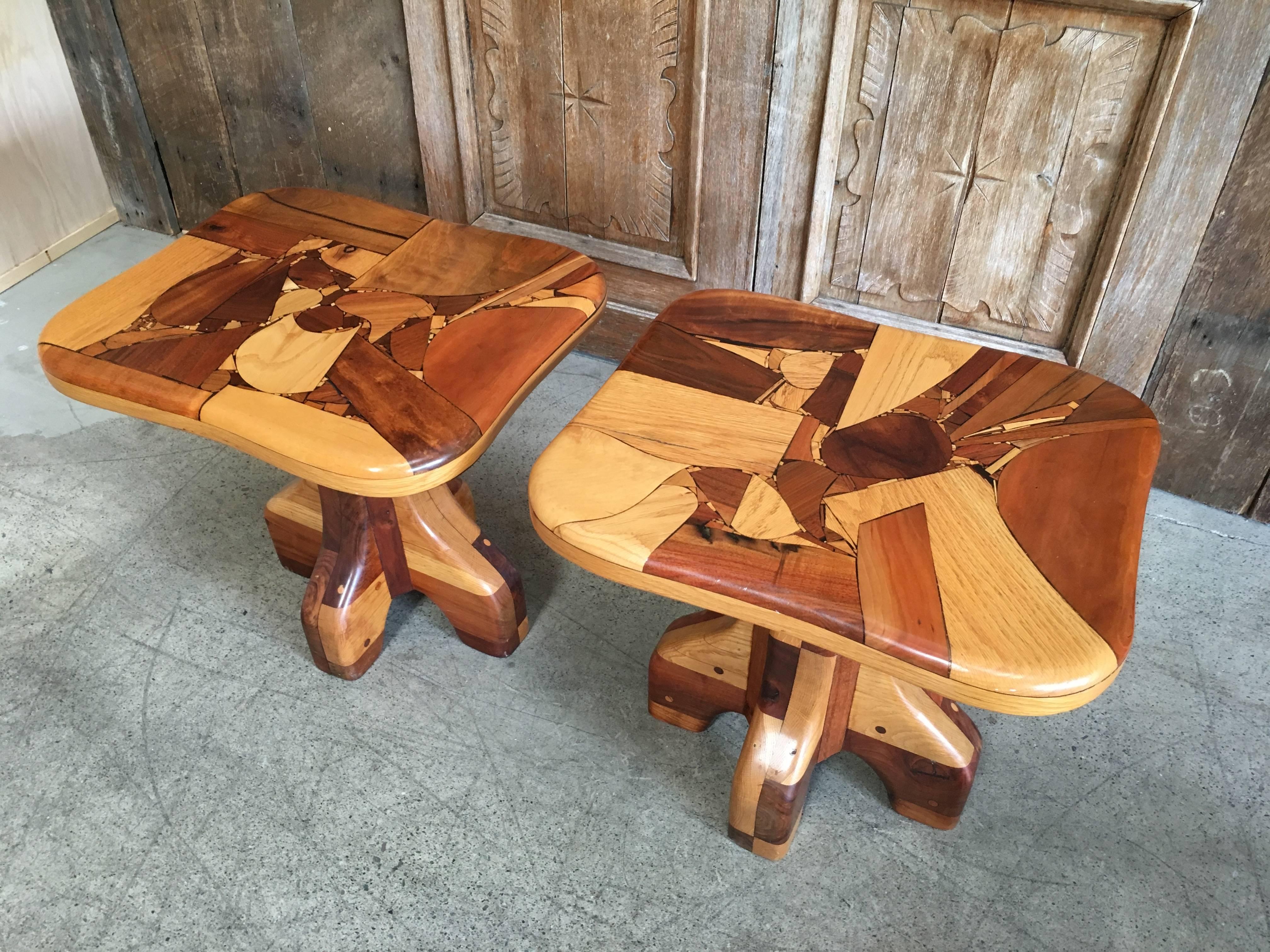 North American Pair of Abstract Marquetry Side Tables