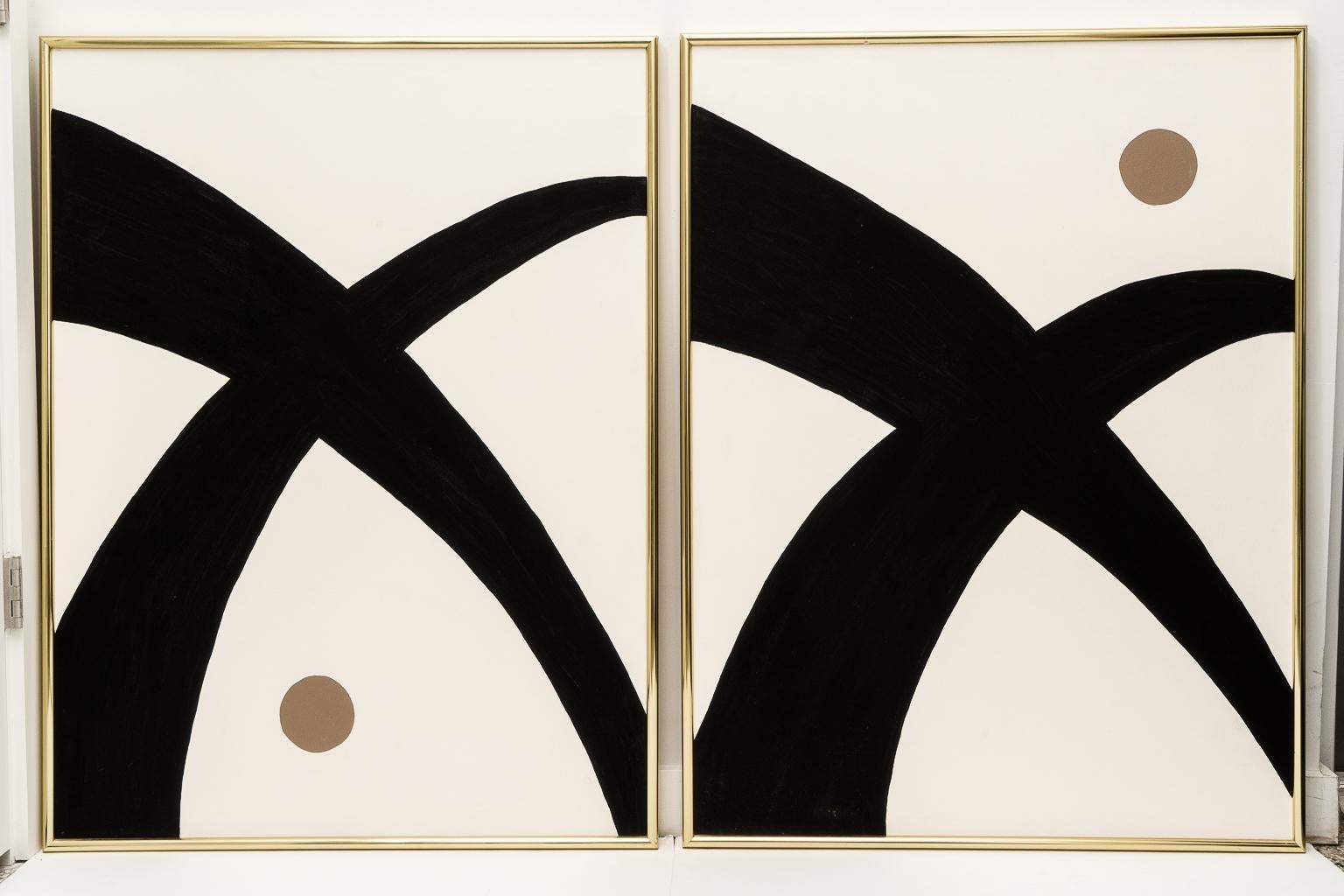 Modern abstract oil on canvas paintings by Artist Eve G - Set of 2 - from a Palm Beach estate. Black and fawn color on a light ecru background.