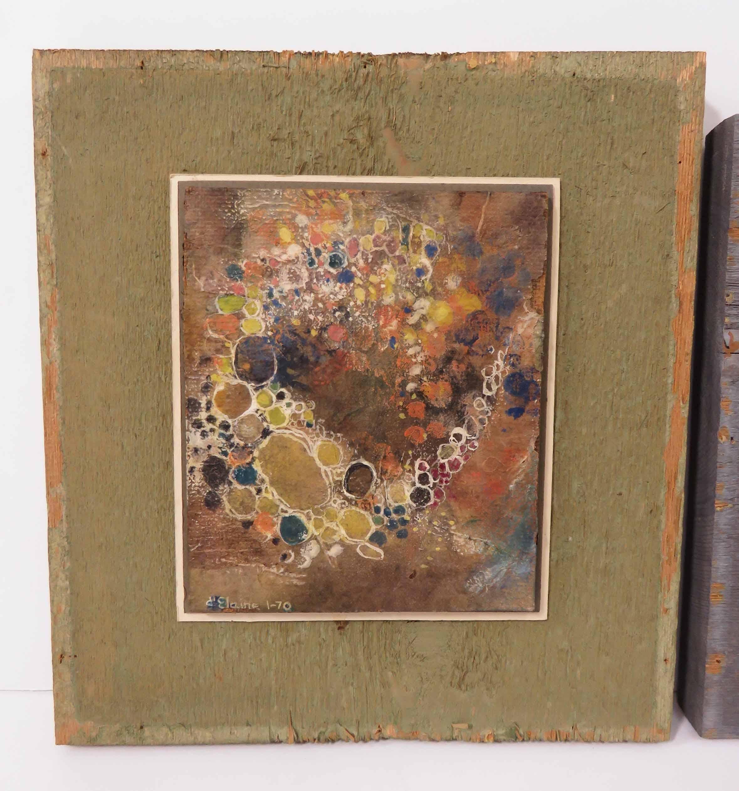 Pair of abstract oil paintings on panel by American Northwest artist d'Elaine Johnson, both early works, dating to 1970. 

Larger painting on the left titled 