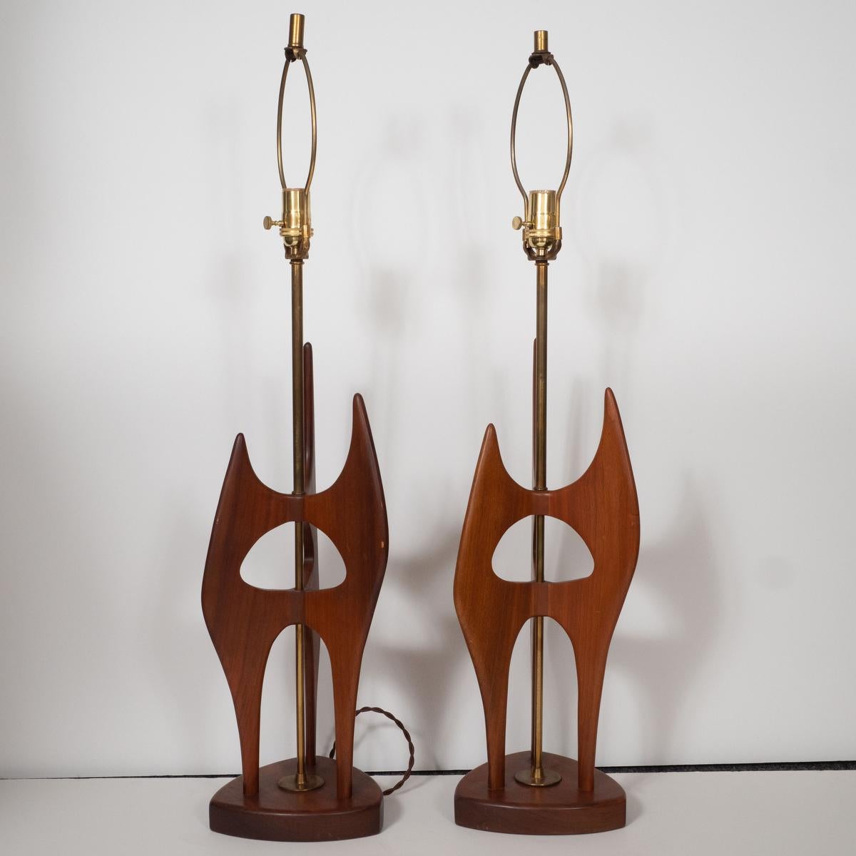 American Pair of Abstract, Sculptural Walnut Wood Table Lamps For Sale