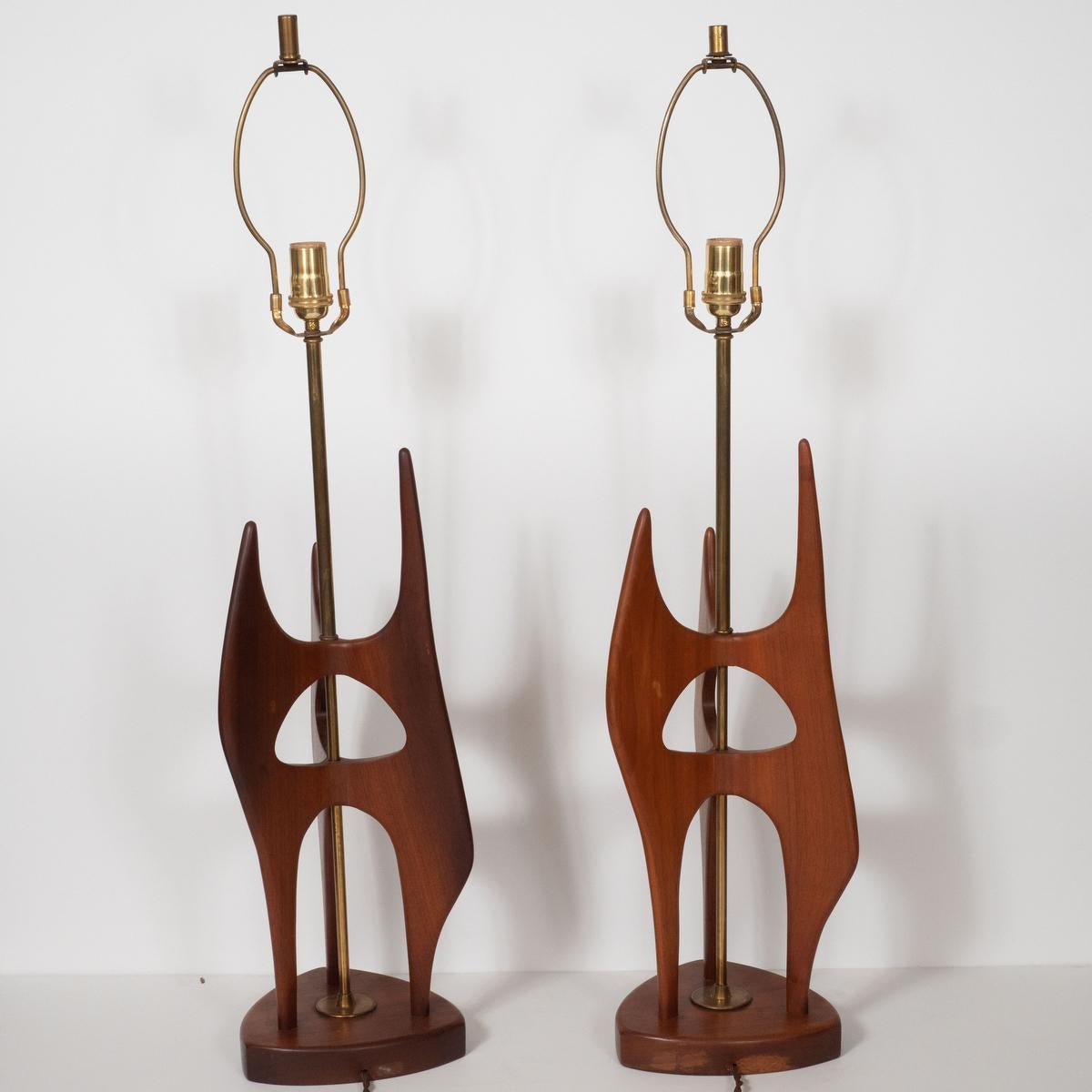 Pair of Abstract, Sculptural Walnut Wood Table Lamps In Good Condition For Sale In Tarrytown, NY