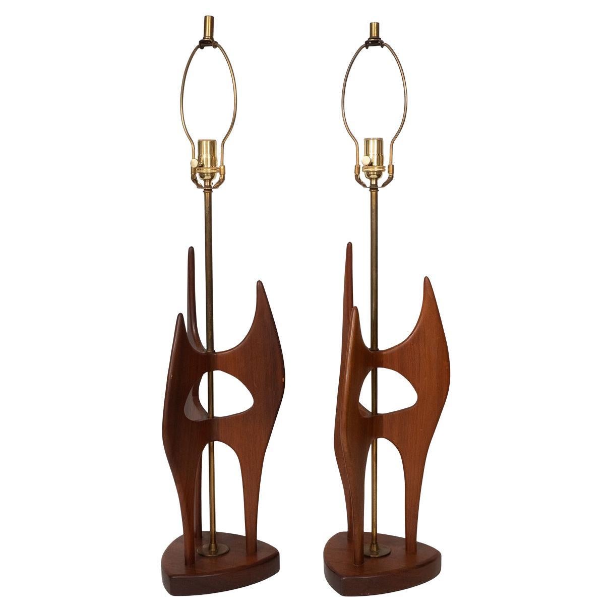 Pair of Abstract, Sculptural Walnut Wood Table Lamps