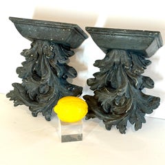 Pair of Acanthus Leaf Blue Painted Wall Shelves Brackets