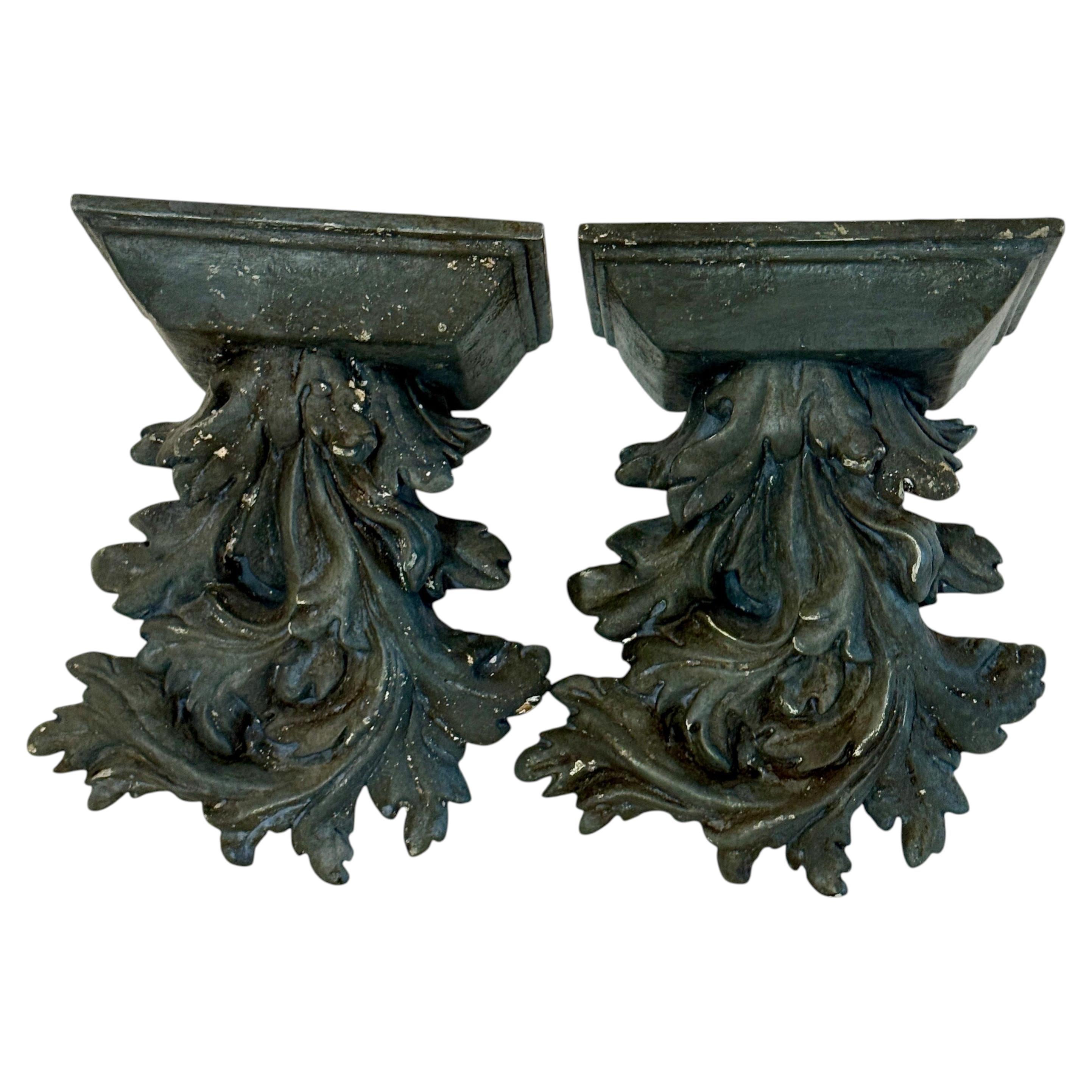 Pair of Acanthus Leaf Blue Painted Wall Shelves Brackets For Sale