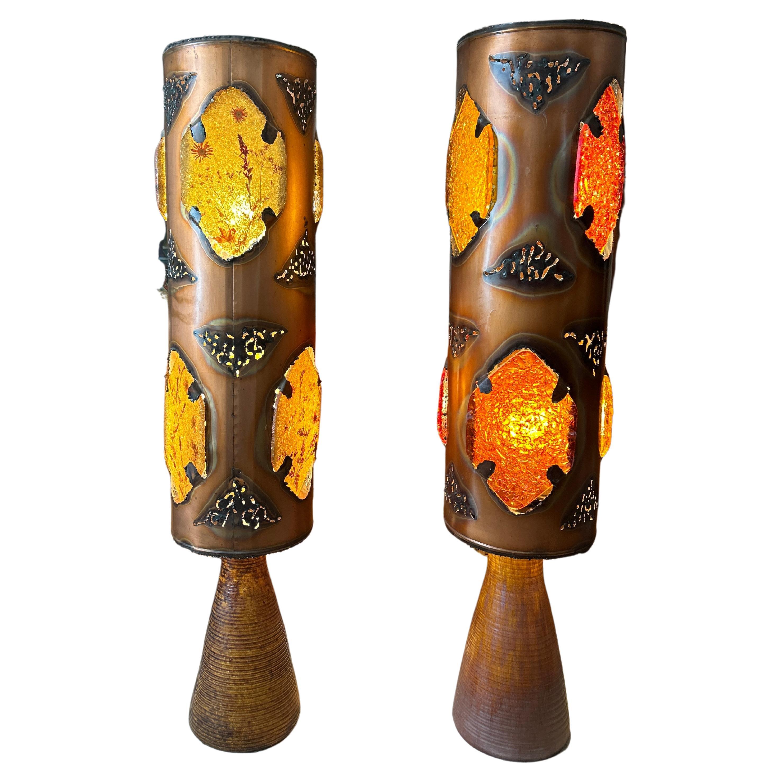Pair of Accolay floor lamps in ceramic, resin and copper, 1970