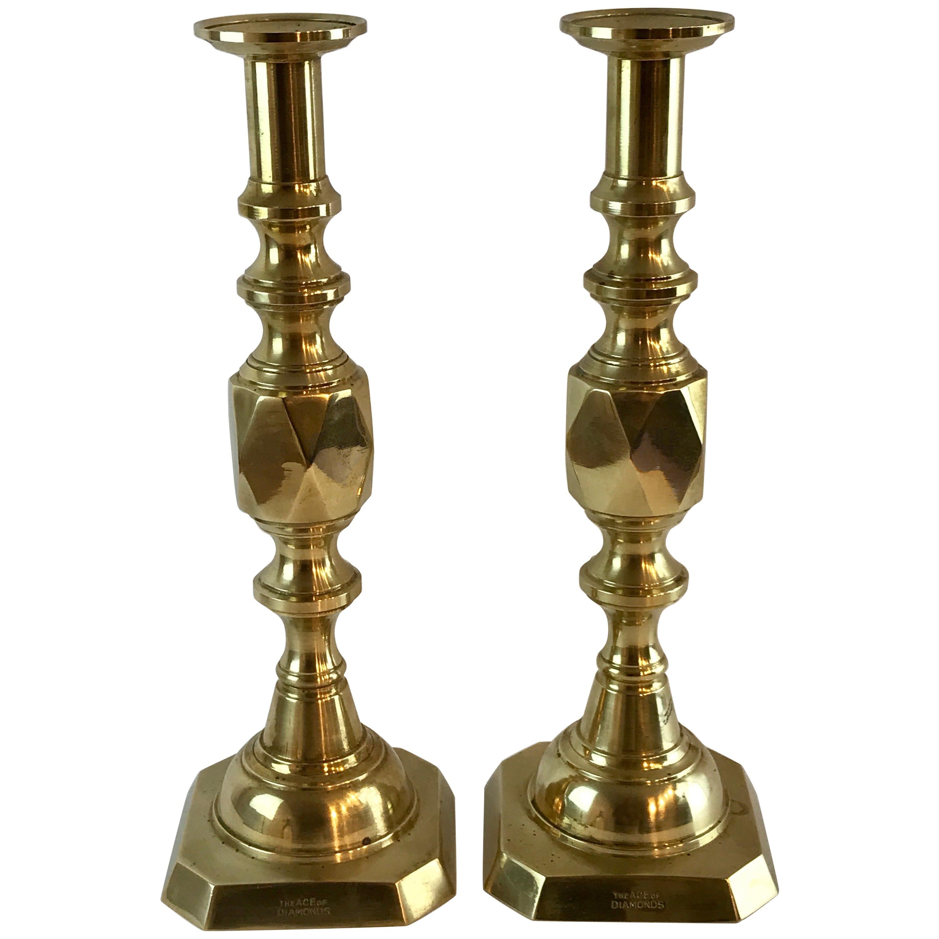 Pair of "Ace of Diamonds" Beehive Brass Candlesticks
