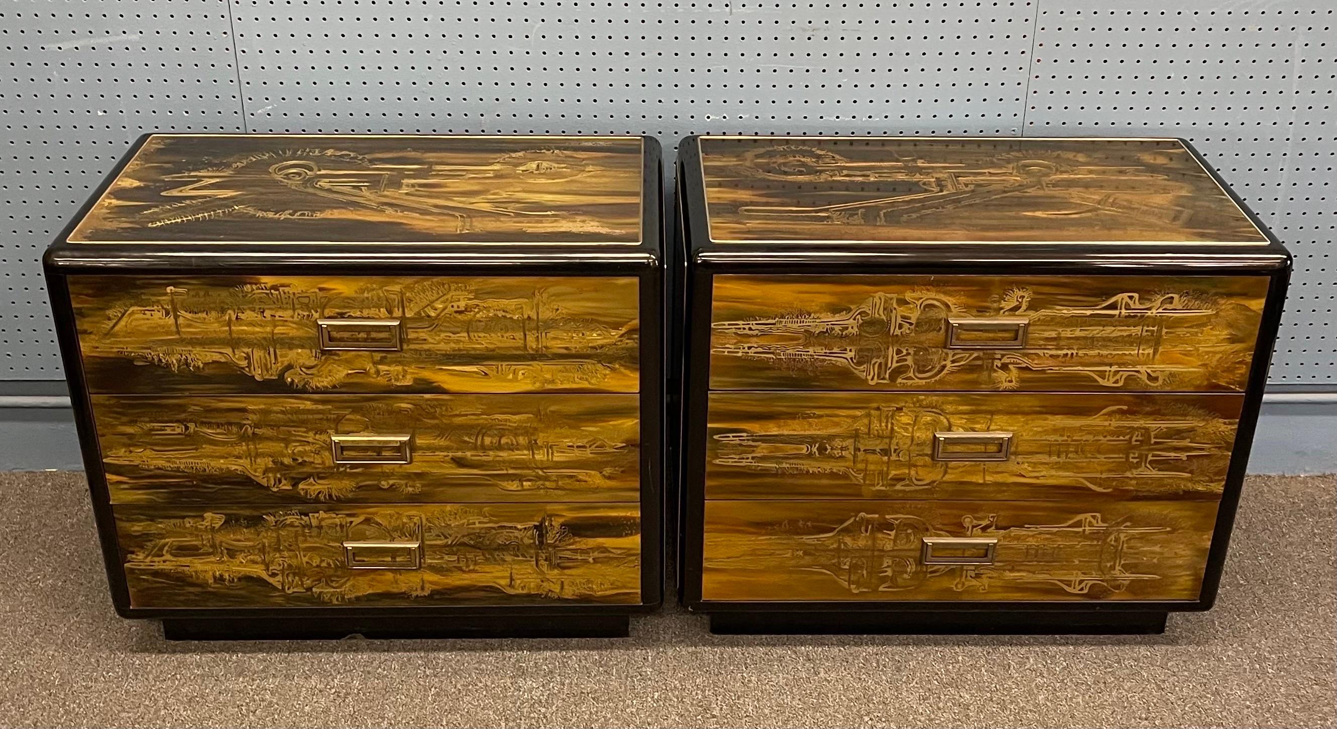 Pair of Acid-Etched Brass with Ebony Lacquer Dressers by Bernhard Rohne For Sale 12