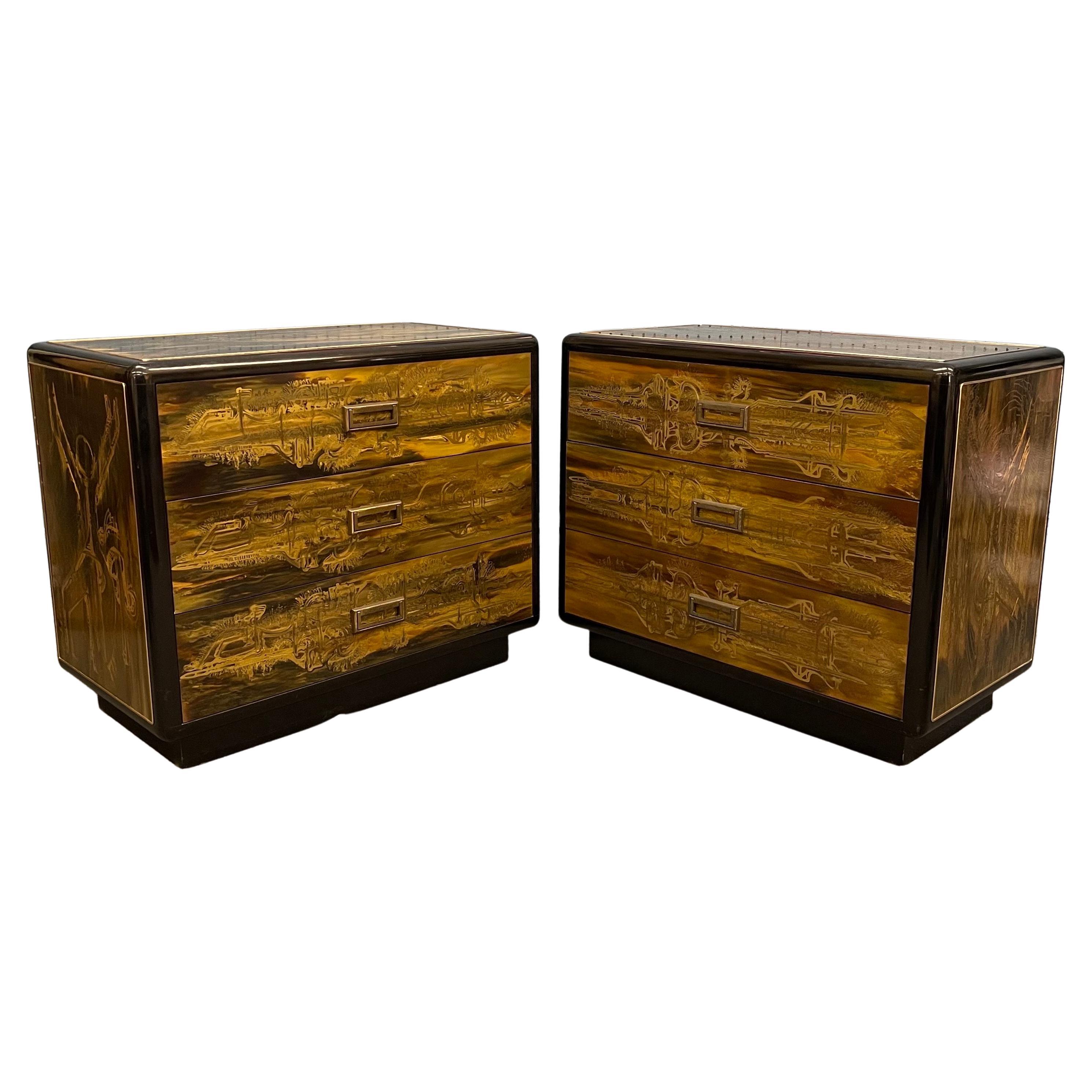 Pair of Acid-Etched Brass with Ebony Lacquer Dressers by Bernhard Rohne For Sale 13