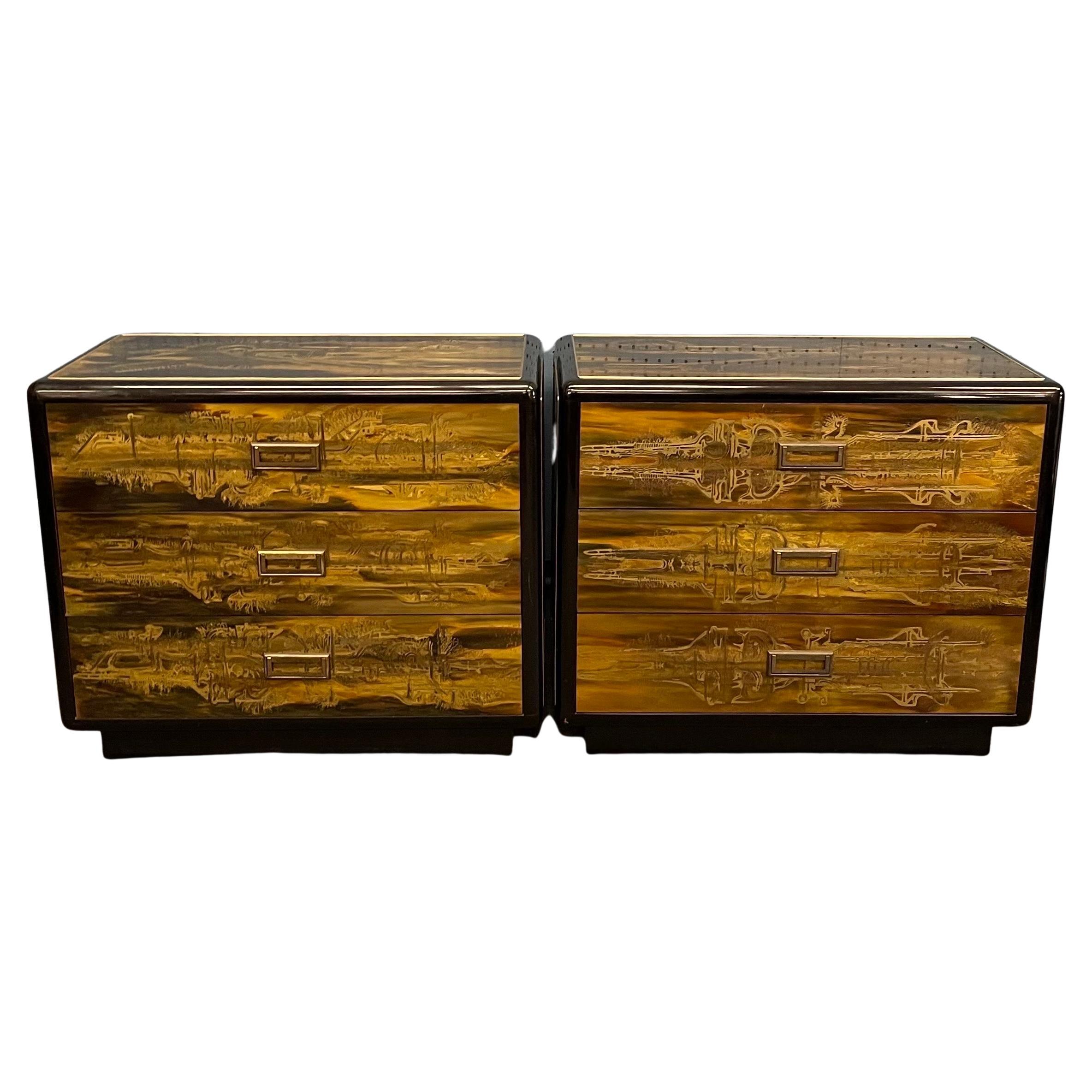 Mid-Century Modern Pair of Acid-Etched Brass with Ebony Lacquer Dressers by Bernhard Rohne For Sale