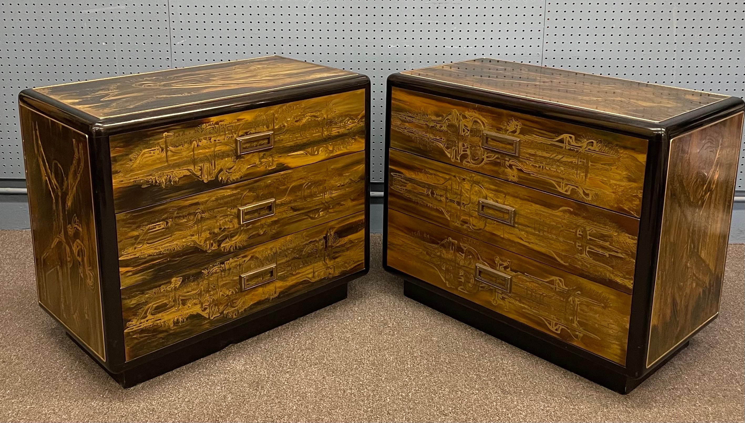 American Pair of Acid-Etched Brass with Ebony Lacquer Dressers by Bernhard Rohne For Sale
