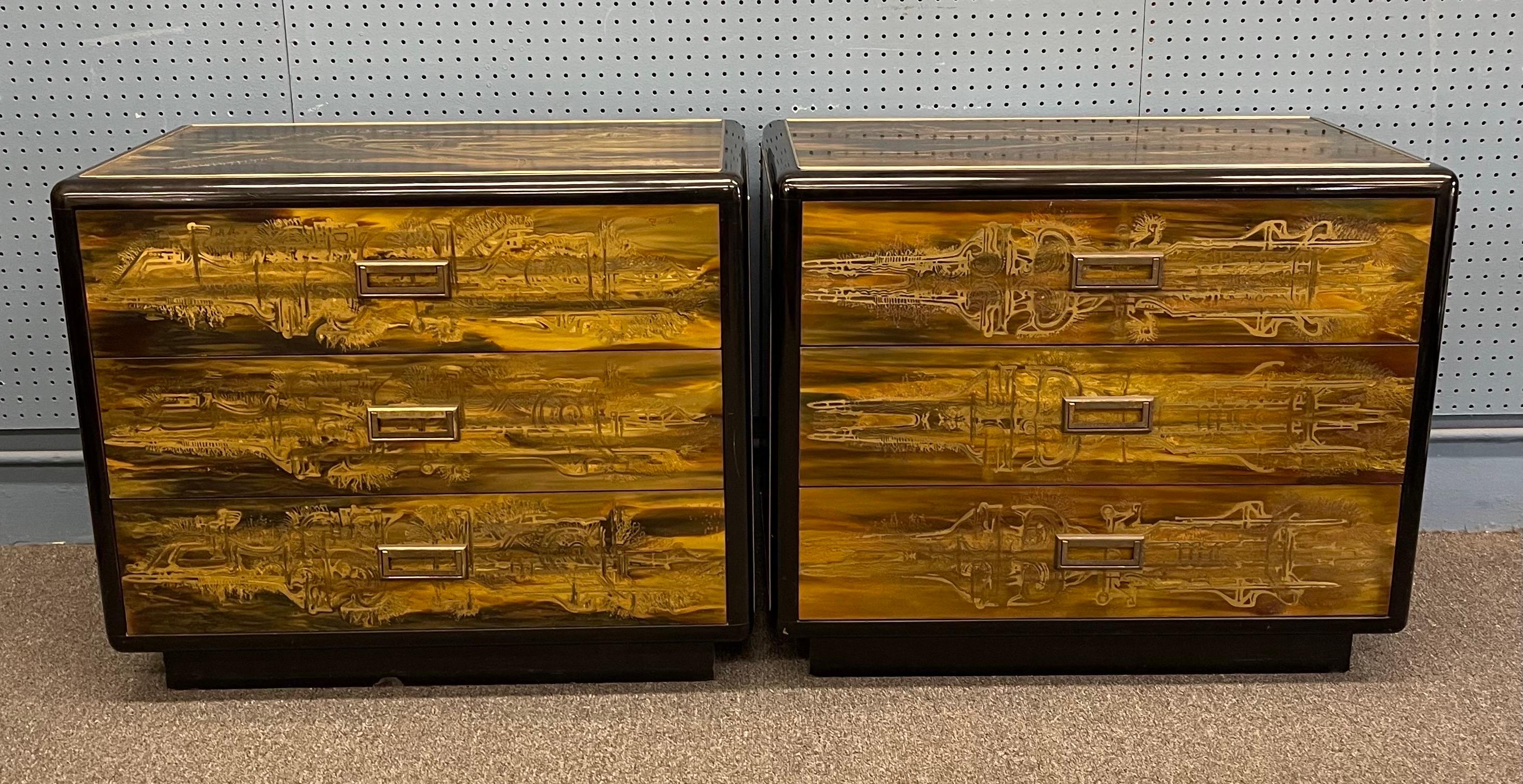 Pair of Acid-Etched Brass with Ebony Lacquer Dressers by Bernhard Rohne In Good Condition For Sale In San Diego, CA