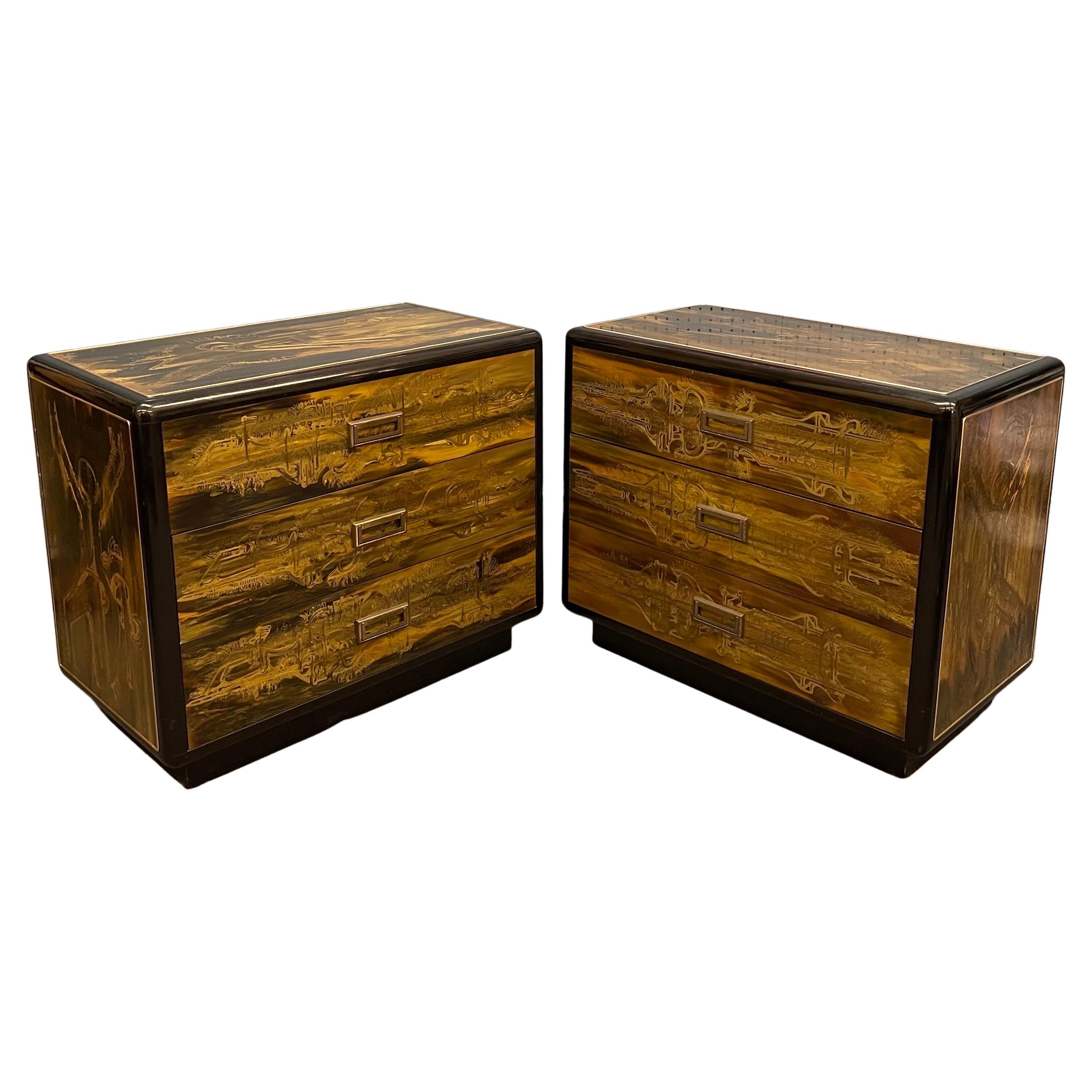 Pair of Acid-Etched Brass with Ebony Lacquer Dressers by Bernhard Rohne