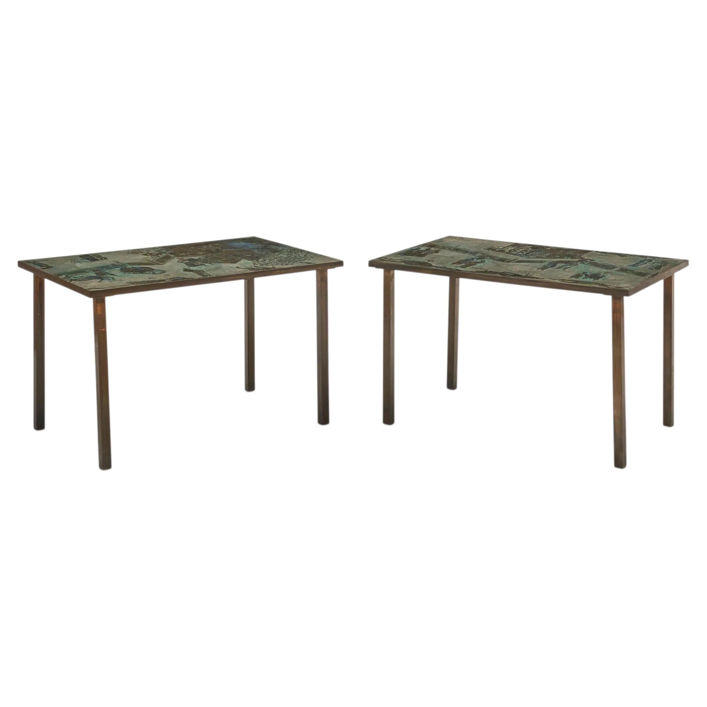 Pair of Acid Etched Bronze "Tao" Side Tables by Philip and Kelvin Laverne