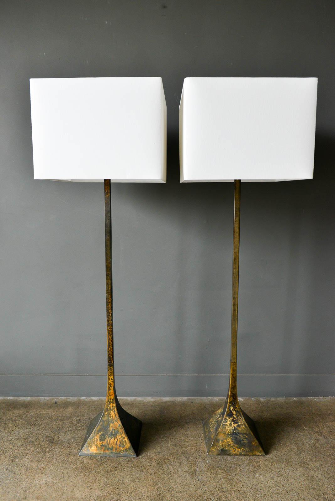 Pair of acid etched copper floor lamps by Laurel Lamp Co, ca. 1970. Beautiful patina to the bases. Matched pair measures 45