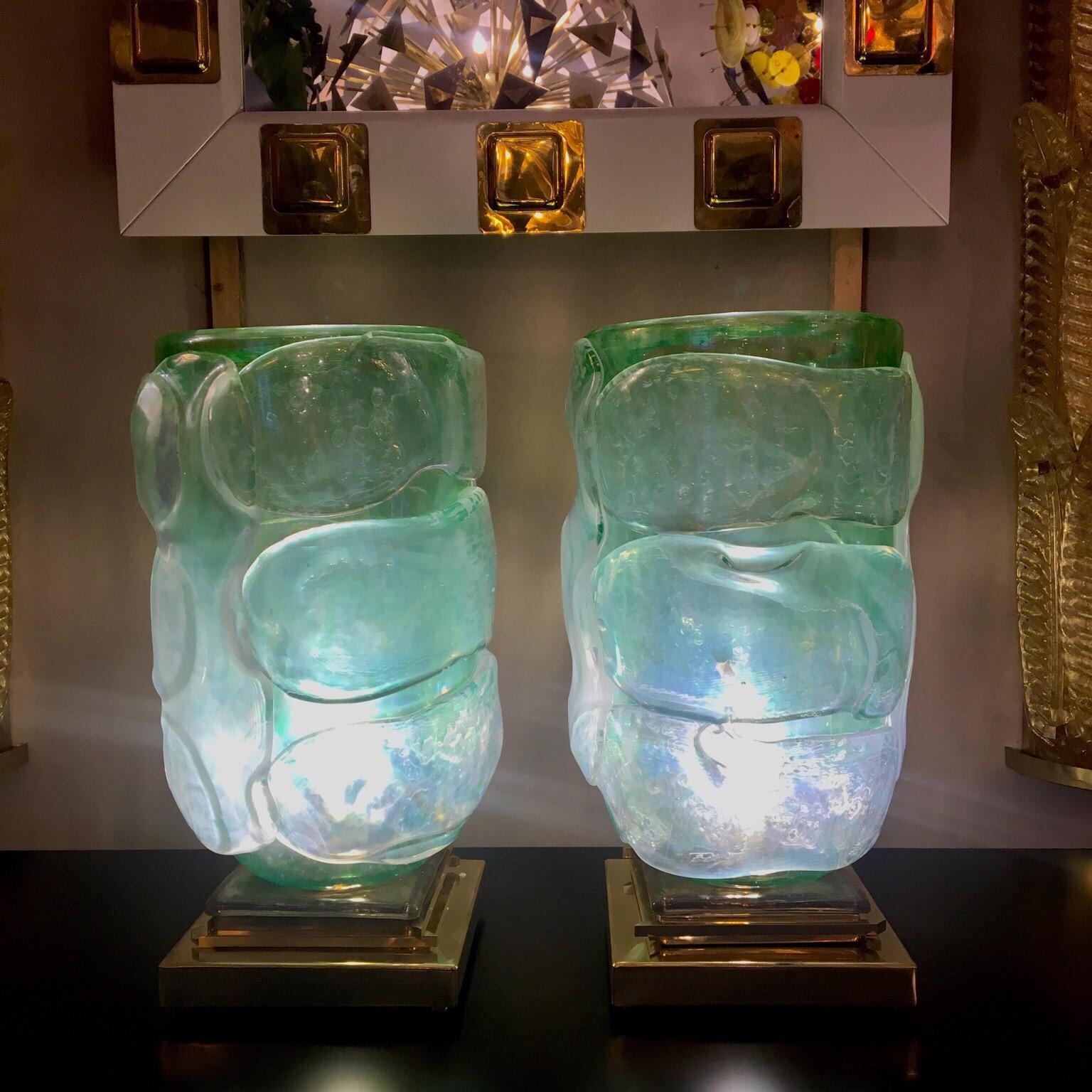 Pair of Acquamarine Color Murano Glass Table Lamps Brass Base, 1980s 6