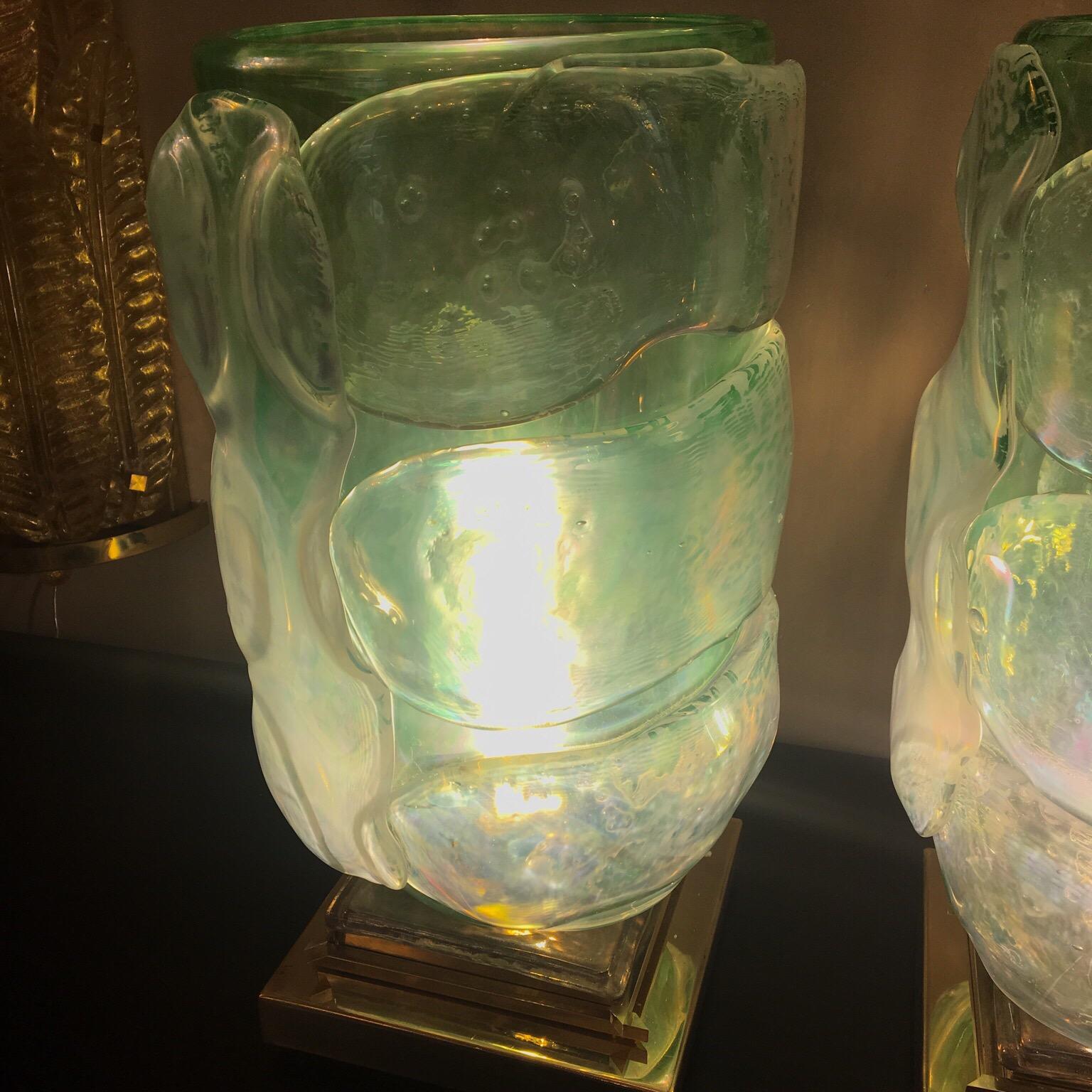Pair of Acquamarine Color Murano Glass Table Lamps Brass Base, 1980s 11