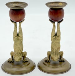 Pair of Acrobatic Frog Brass & Wood Candlesticks by Arthur Court, 1979