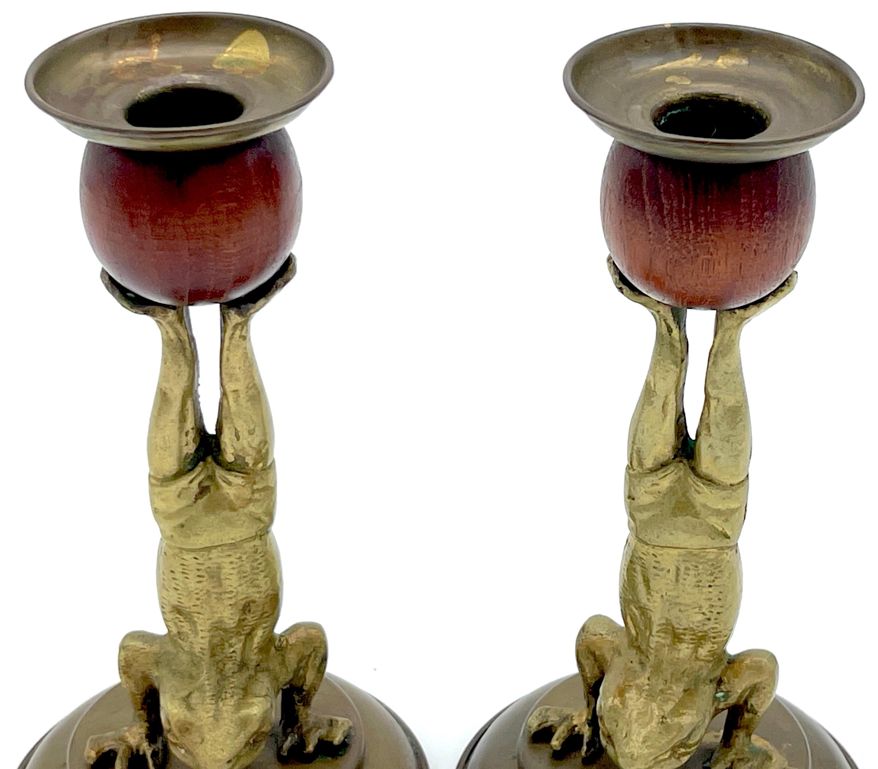 Cast Pair of Acrobatic Frog Brass & Wood Candlesticks by Arthur Court, 1979  For Sale