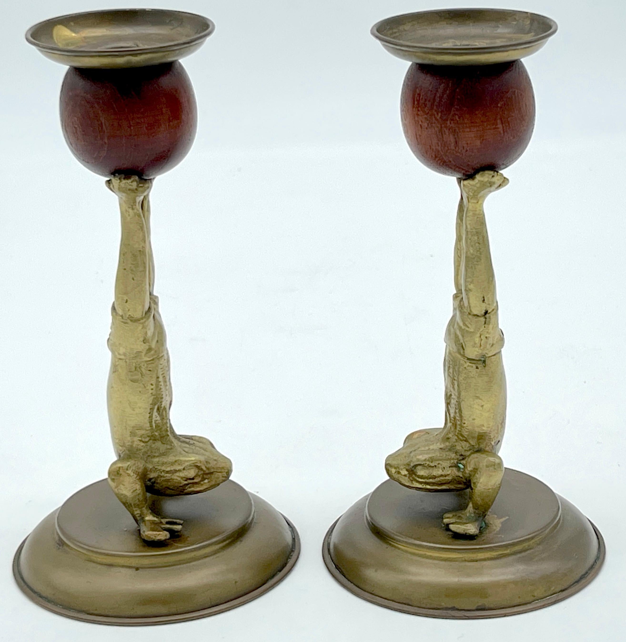 Cast Pair of Acrobatic Frog Brass & Wood Candlesticks by Arthur Court, 1979  For Sale