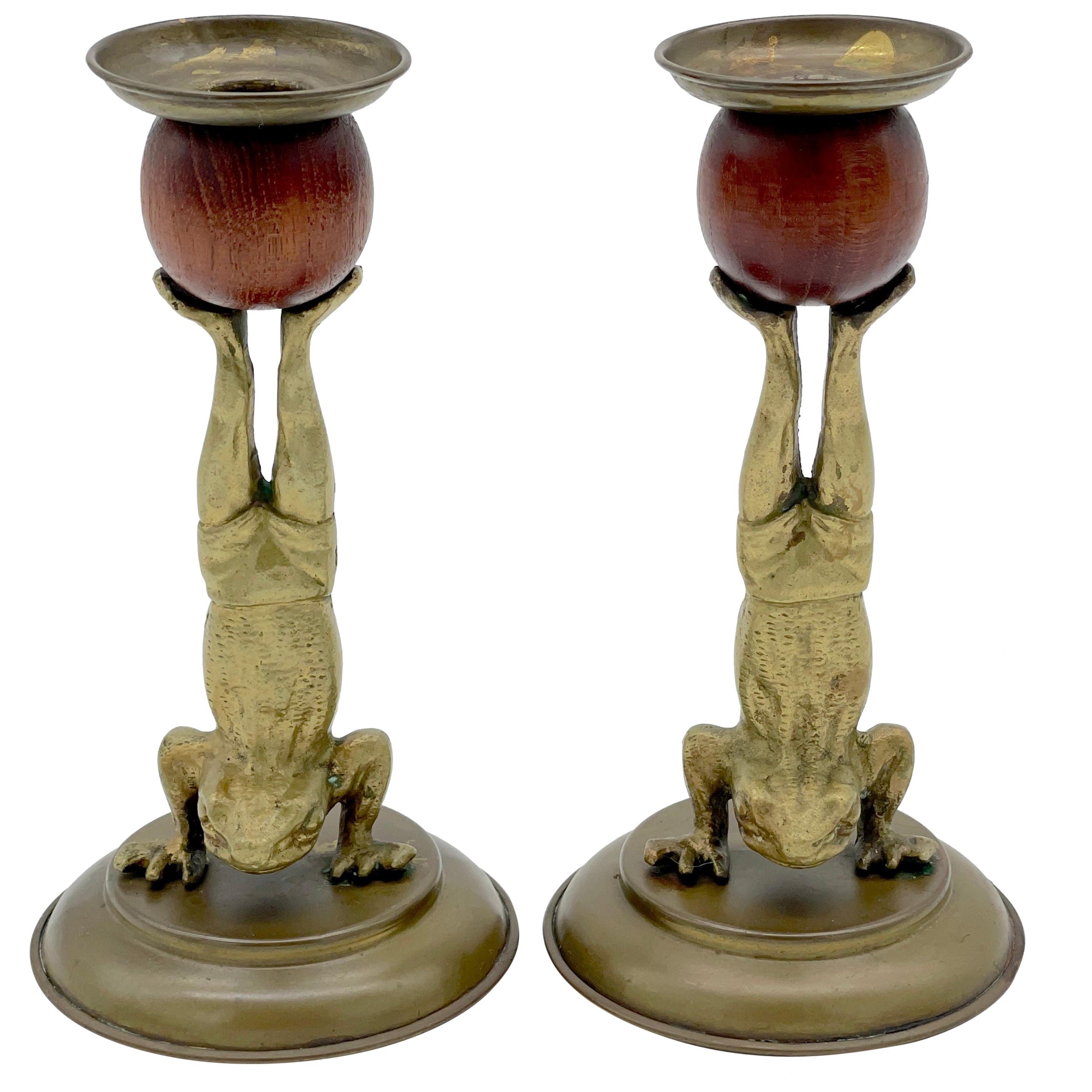 Pair of Acrobatic Frog Brass & Wood Candlesticks by Arthur Court, 1979