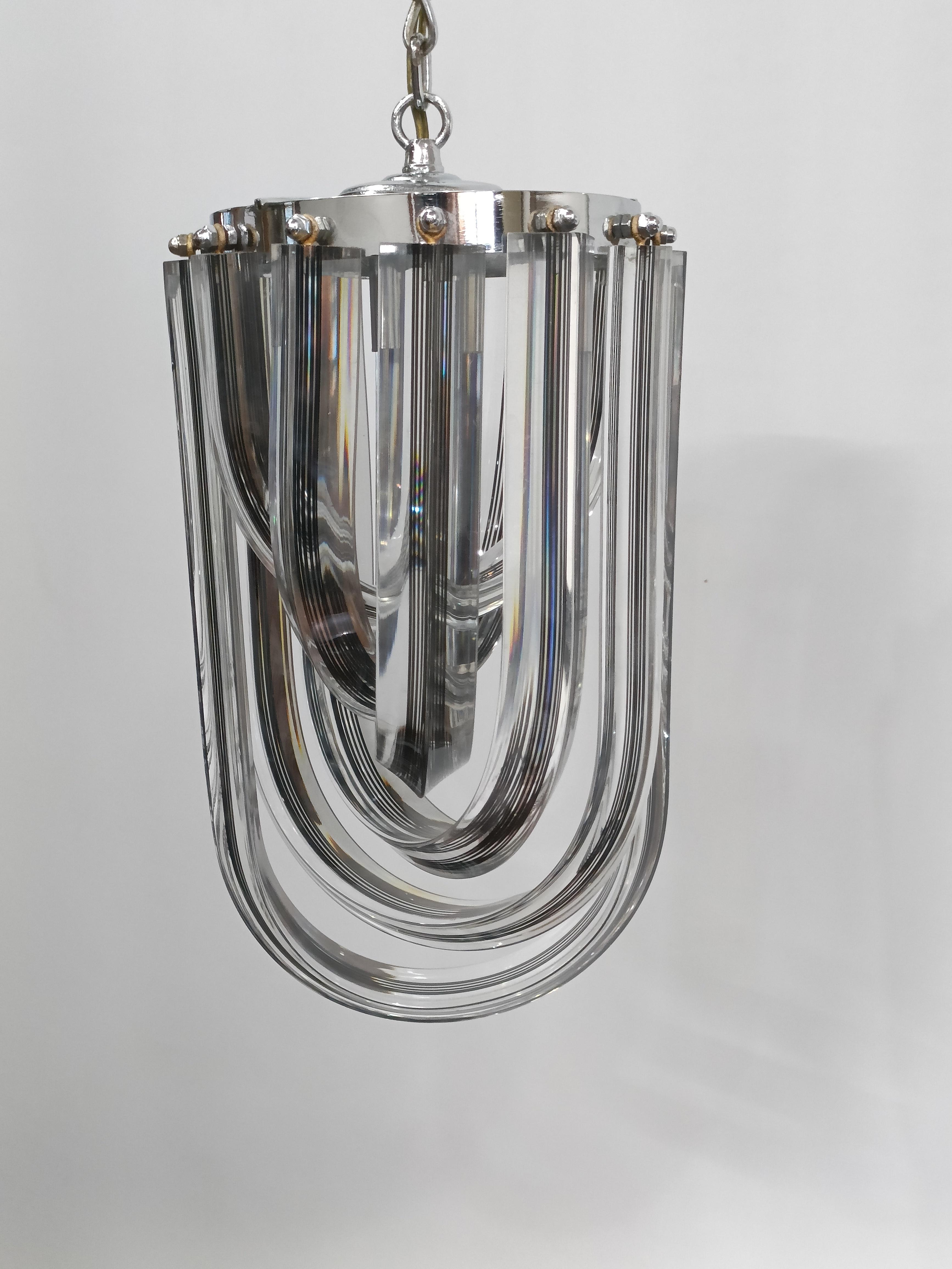 Mid-Century Modern Pair of Acrylic and Chrome Ceiling Pendants, 1970's For Sale