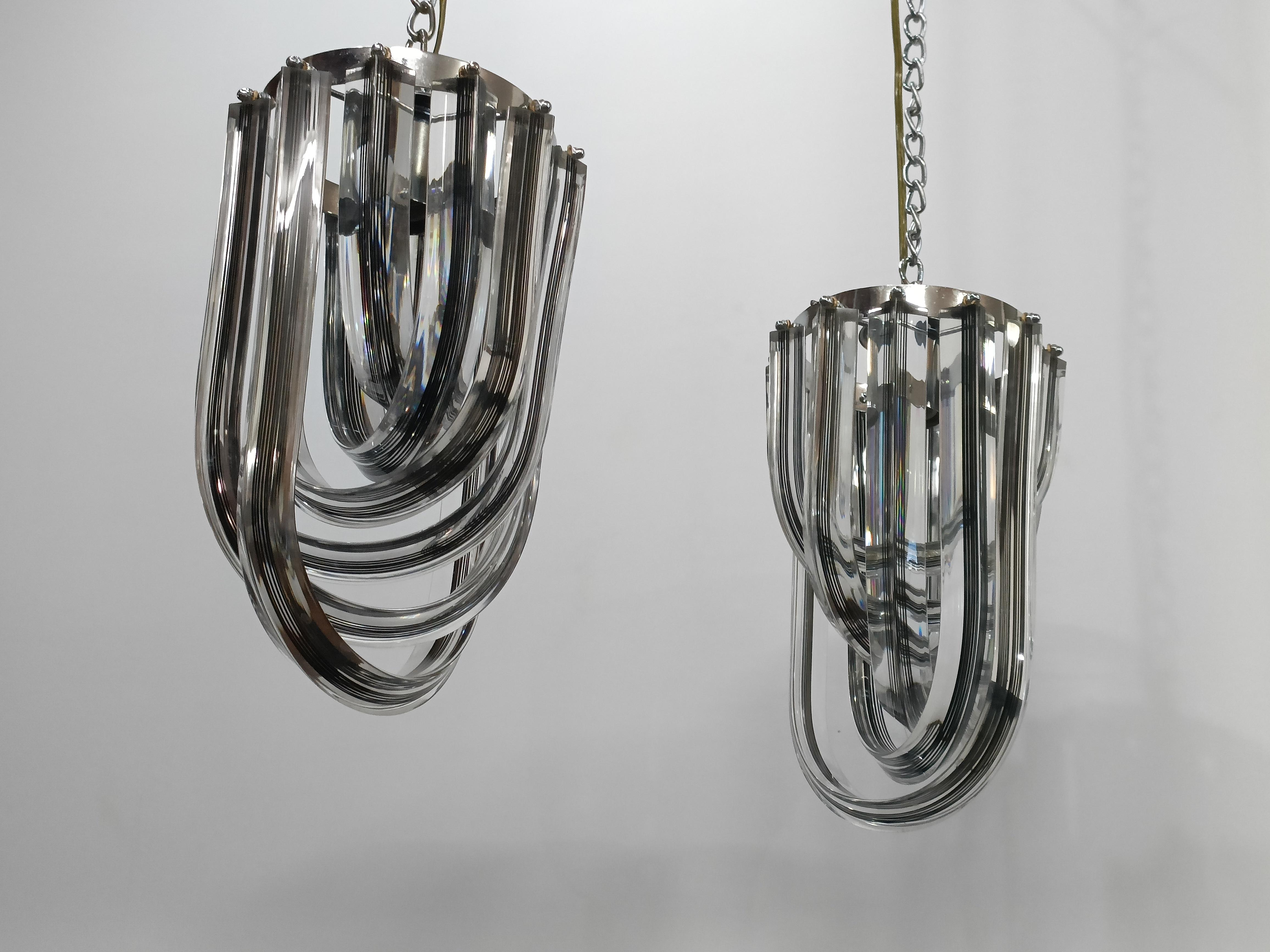20th Century Pair of Acrylic and Chrome Ceiling Pendants, 1970's For Sale