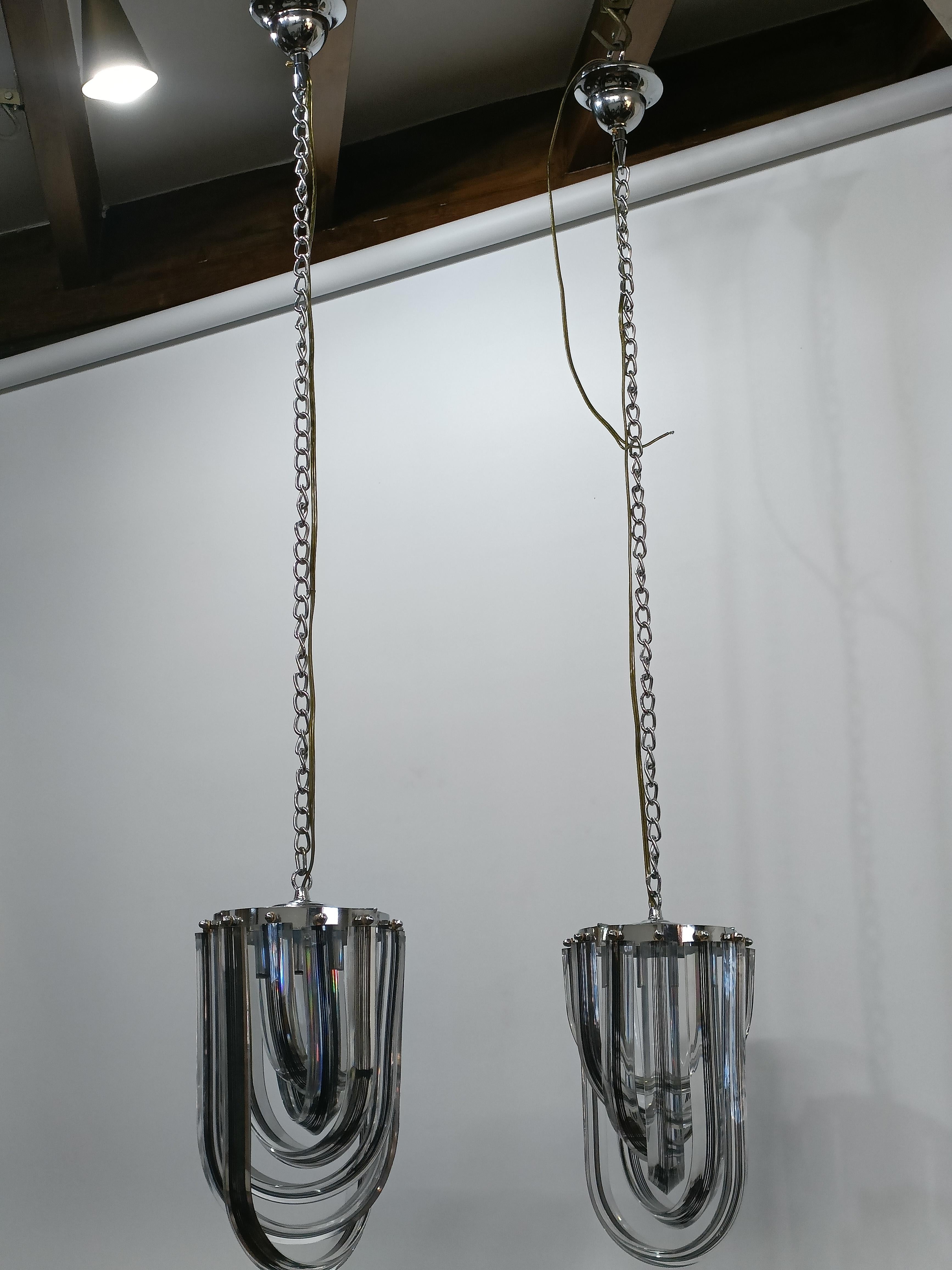 Pair of Acrylic and Chrome Ceiling Pendants, 1970's For Sale 2
