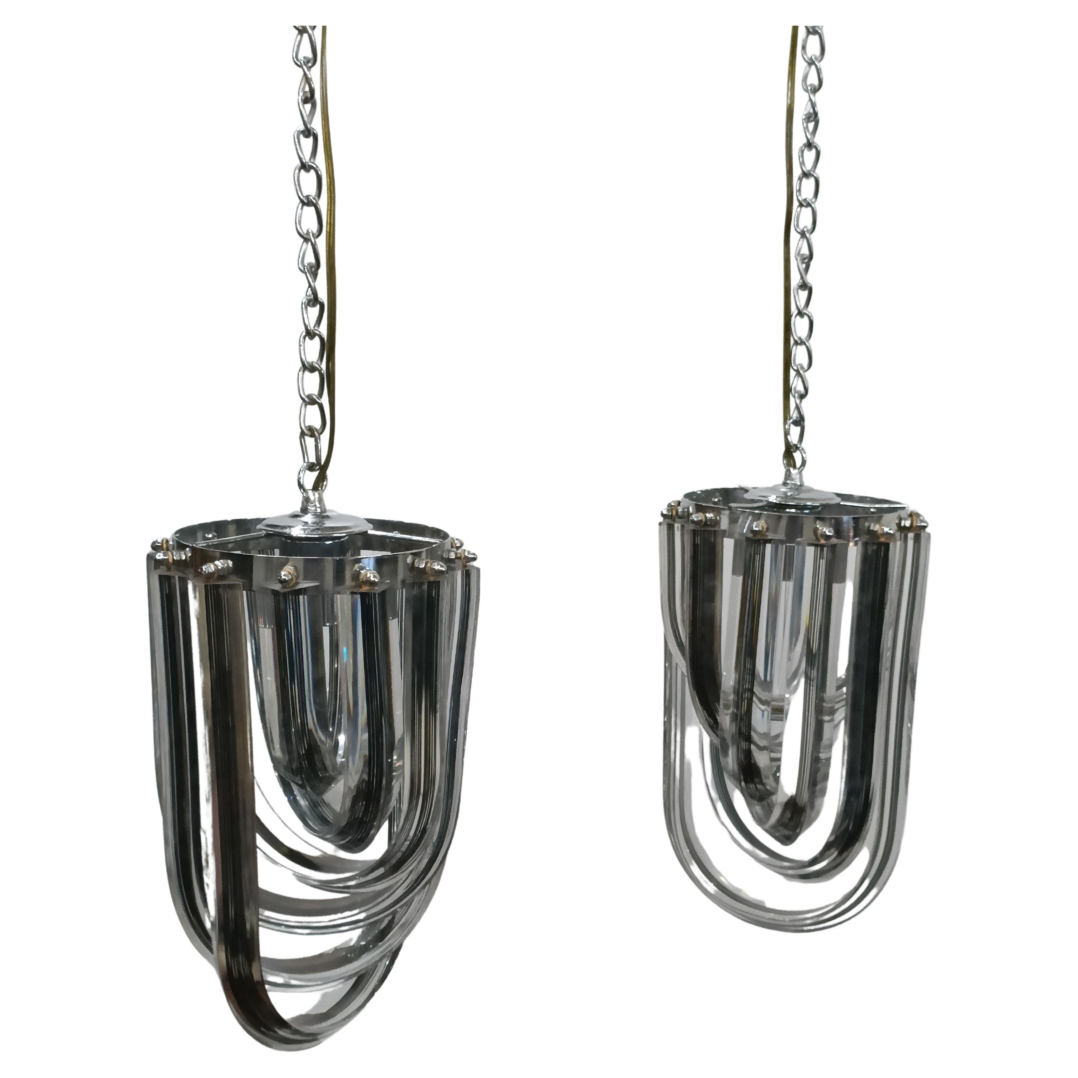 Pair of Acrylic and Chrome Ceiling Pendants, 1970's For Sale