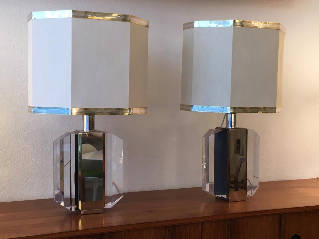 French Pair of Acrylic, Brass and Chrome Table Lamp, circa 1970 For Sale