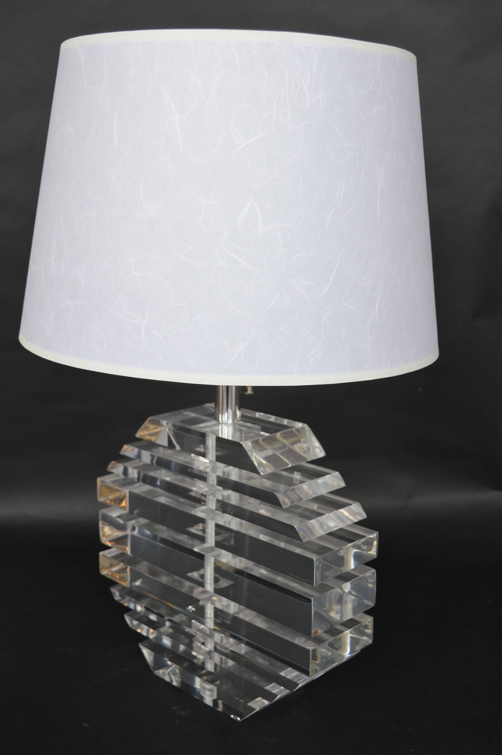 Pair of acrylic lamps.
Measures: 23 inches H x 15 inches D with the shade.