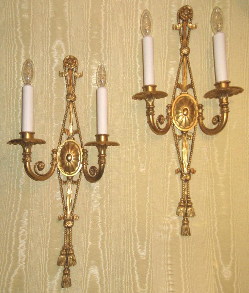 French Pair of Adam Style Gilt Bronze Two-Arm Wall Light Sconces For Sale