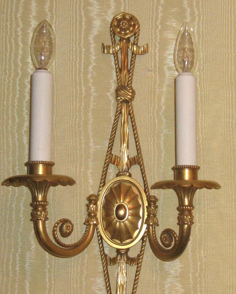 20th Century Pair of Adam Style Gilt Bronze Two-Arm Wall Light Sconces For Sale